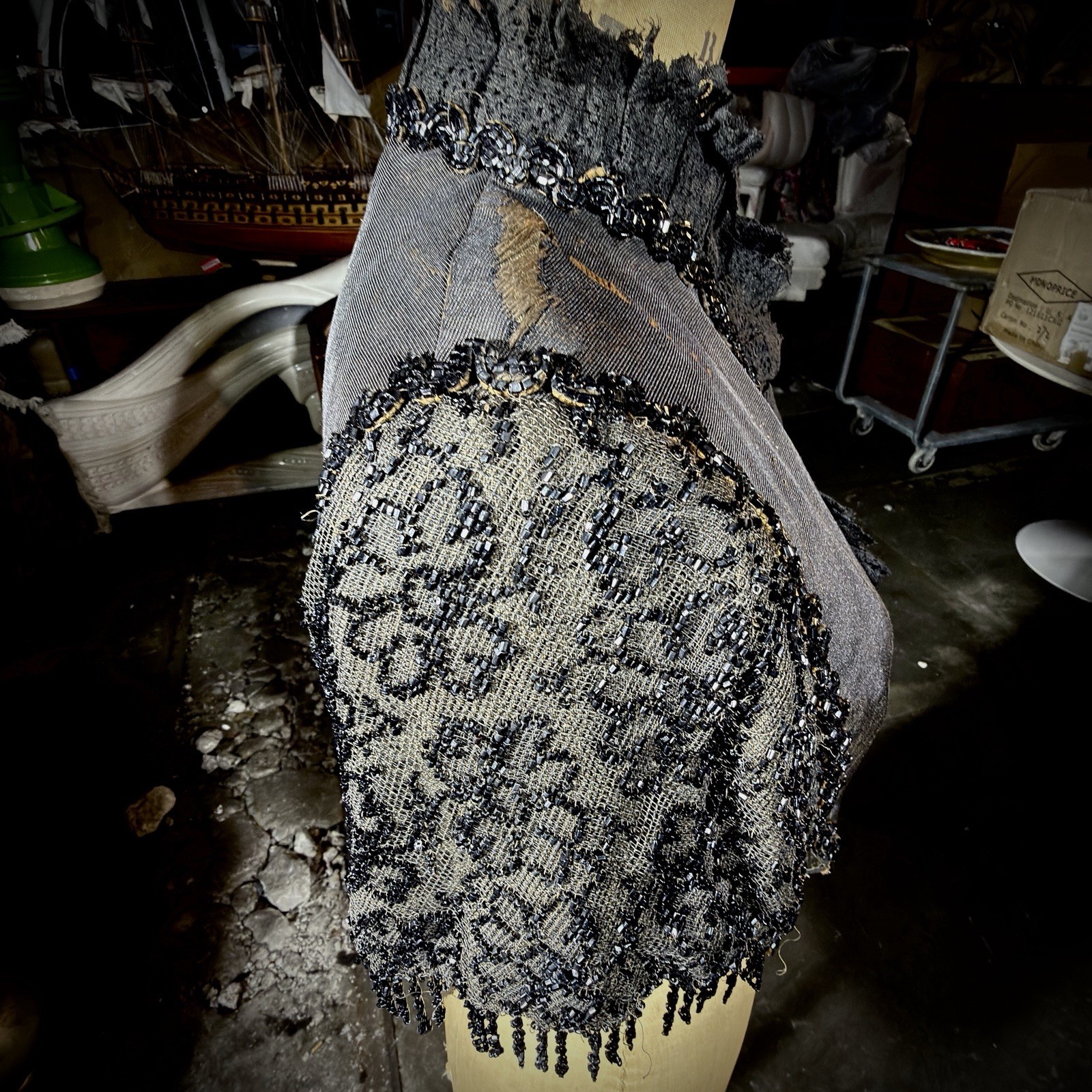 Antique Victorian Mourning Cape | 1880s Jet Beaded & Chantilly Lace Mantle