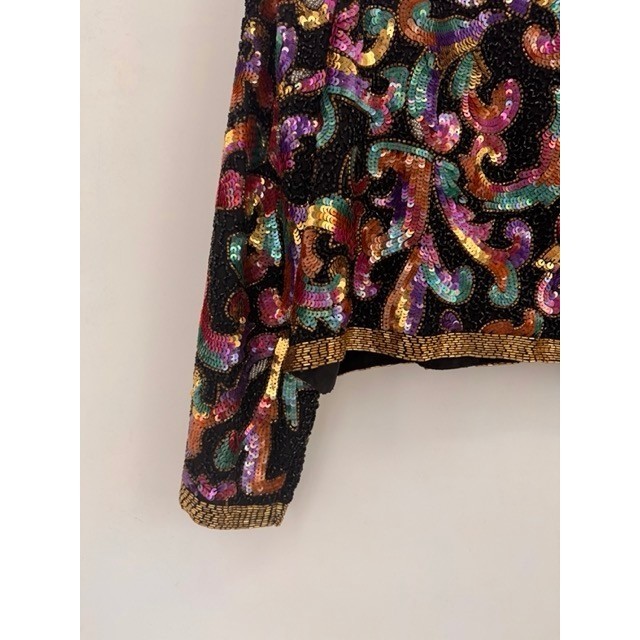 Vintage Laurence Kazar Black Multicolor Sequin Beaded Silk Jacket Glam Art Deco