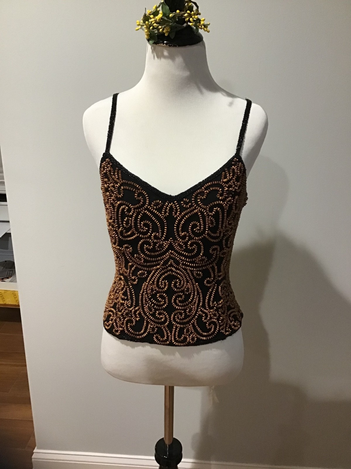 Vintage 90s Cache Black Beaded Cami Top Size 2 Bronze Embellished Boned Corset