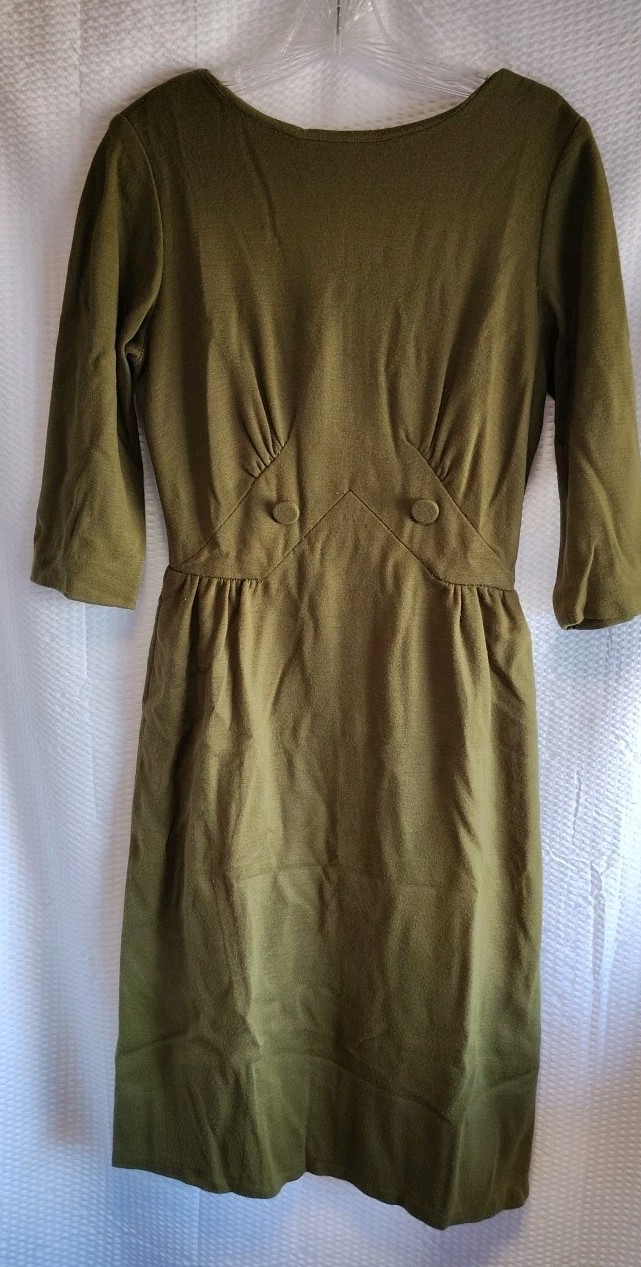 VTG 50&rsquo;s L&rsquo;aiglon Dress Army Green Knee Length 3/4 Sleeve Back Zipper