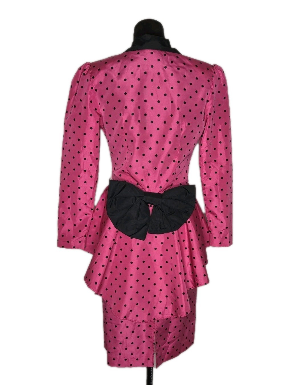 VTG 80s Lerner Hot Pink Polka Dot Peplum Skirt Suit Set Bow Back No Tag Fit Sz 6