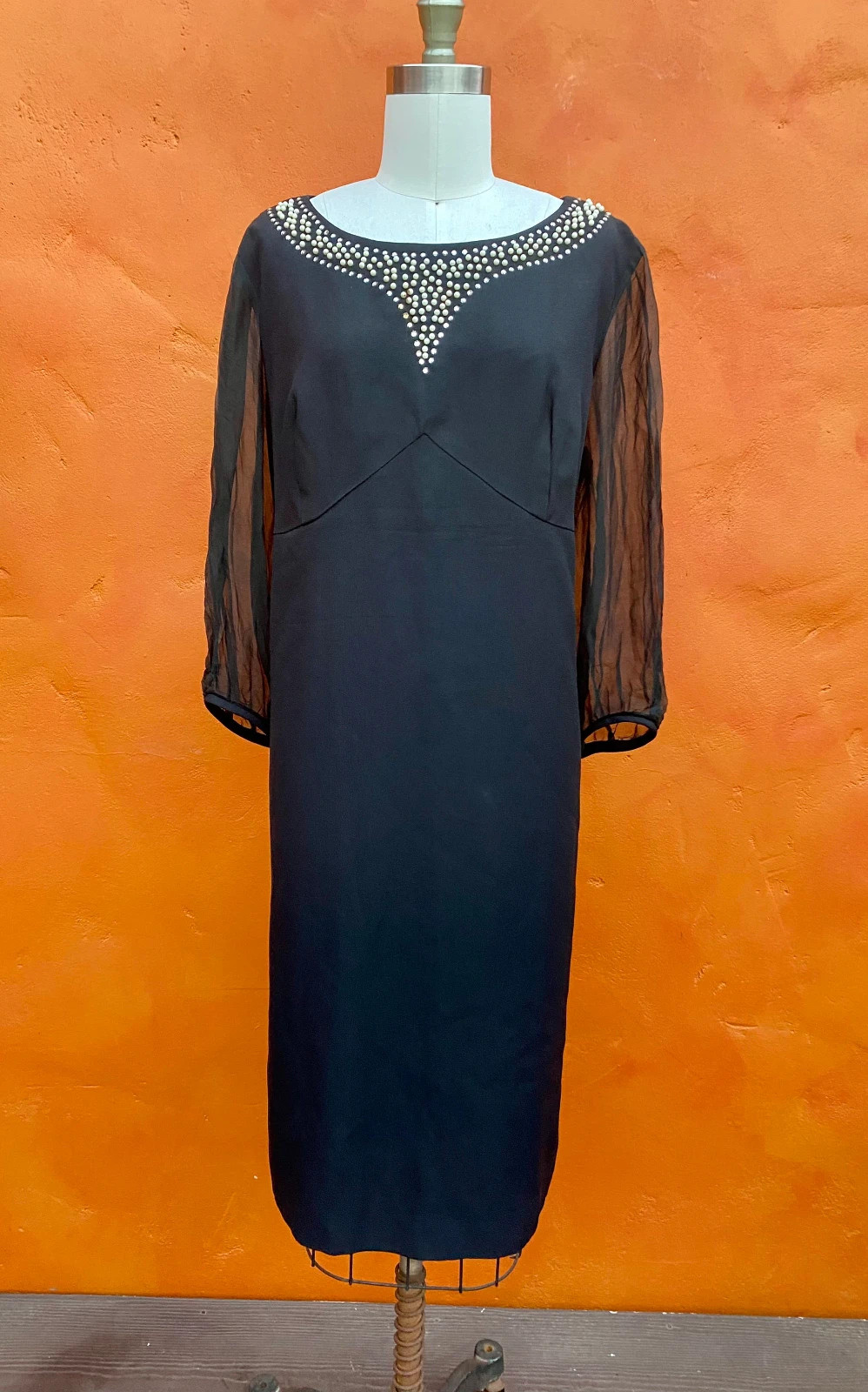 Vintage 1960s Black Beaded Rhinestone Dress. Party Cocktail Plus Size XXL 2XL