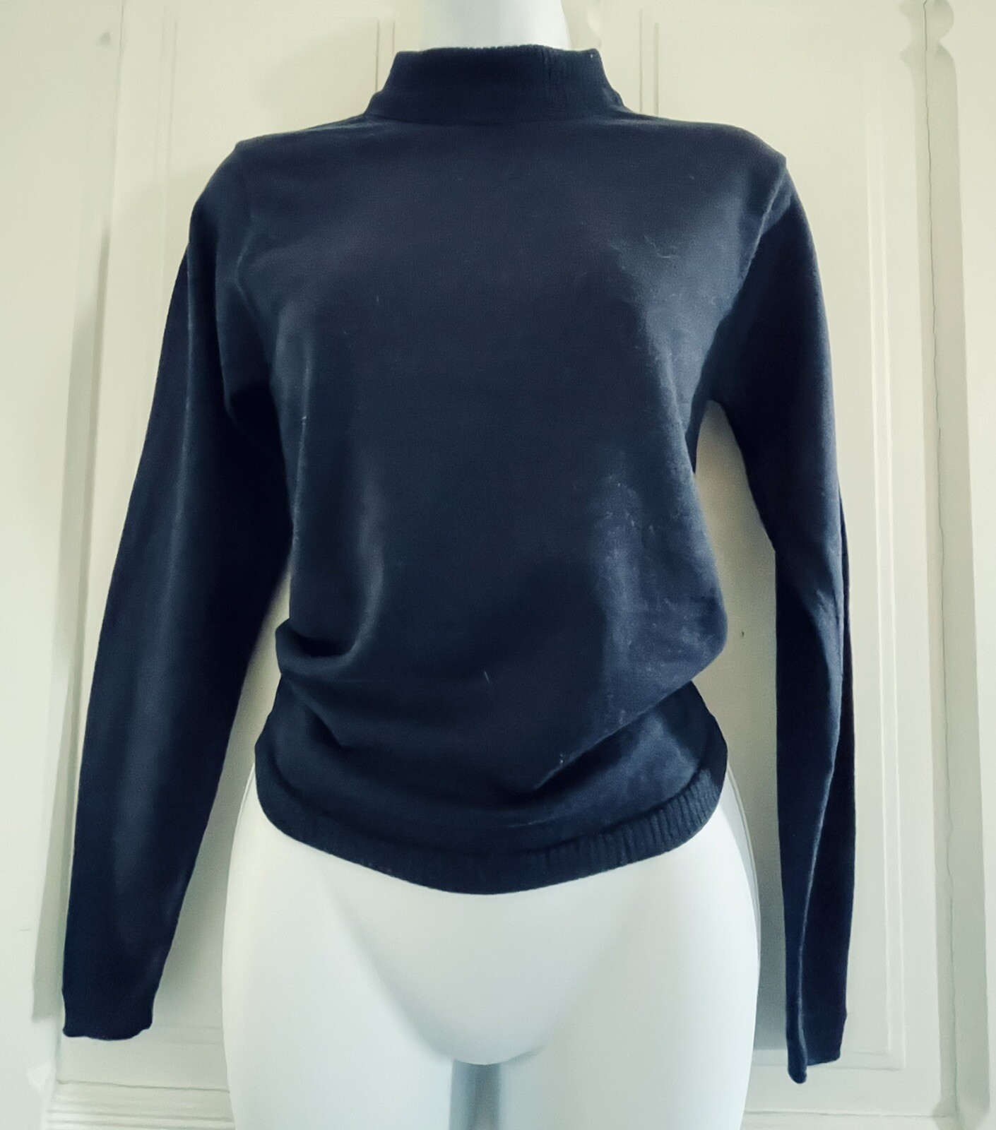 Vtg Pendleton Fine Virgin Wool Pullover Sweater Petite Small USA Navy Mock Neck