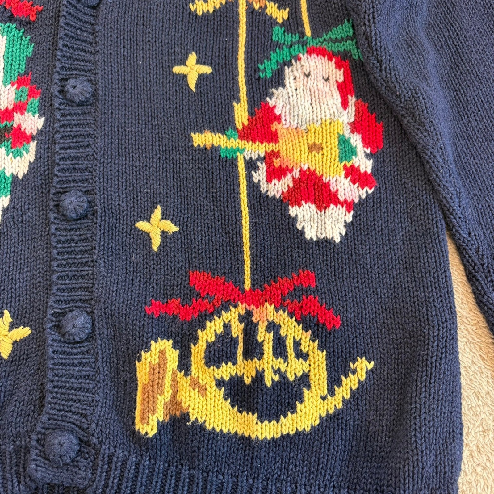 Alexandra Bartlett Vintage Navy Christmas Cardigan Santa Reindeer L Hand Made