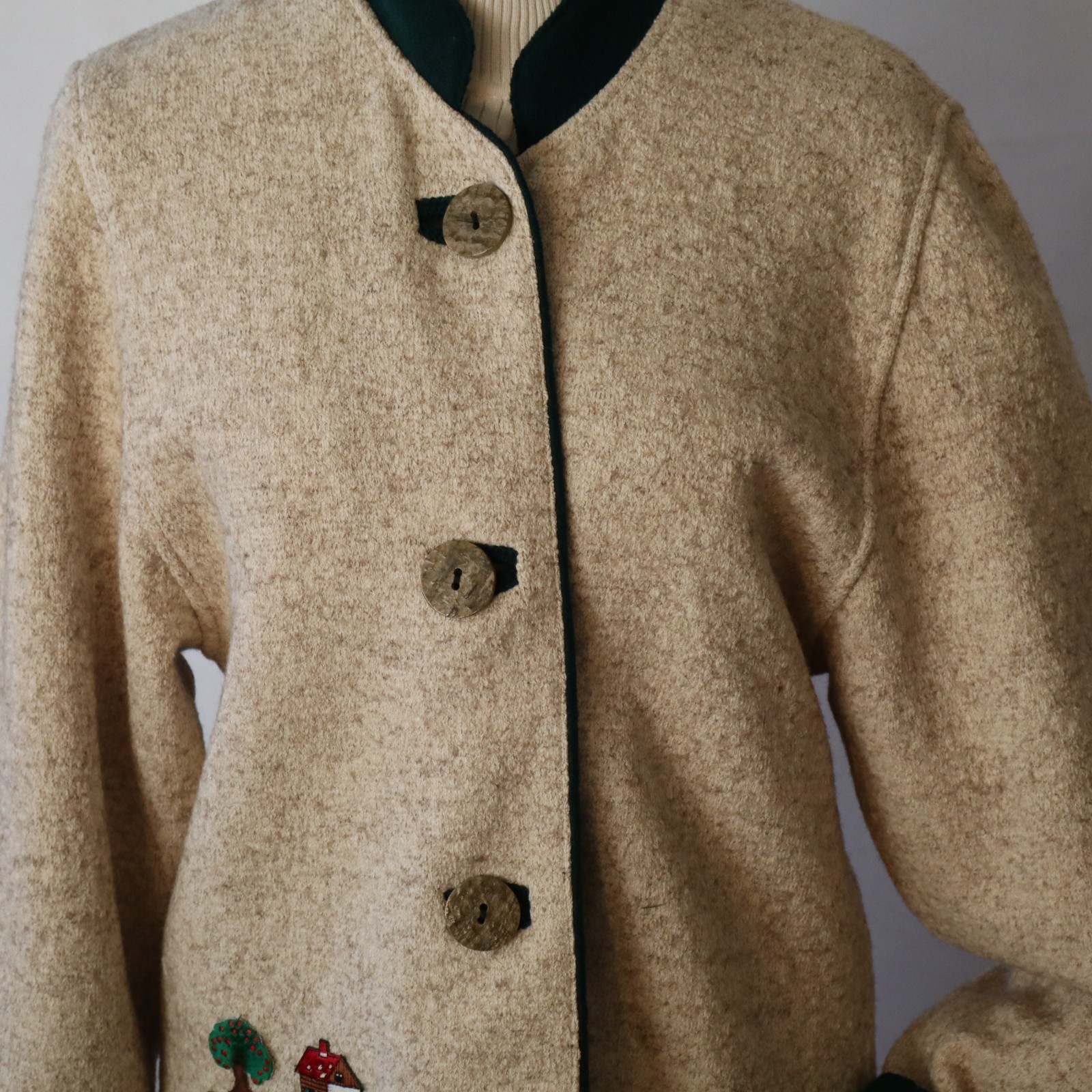 Vtg Wool Chenille Arber Jacket Tan, Green Knit w Embroidery Sz 36 Small Germany