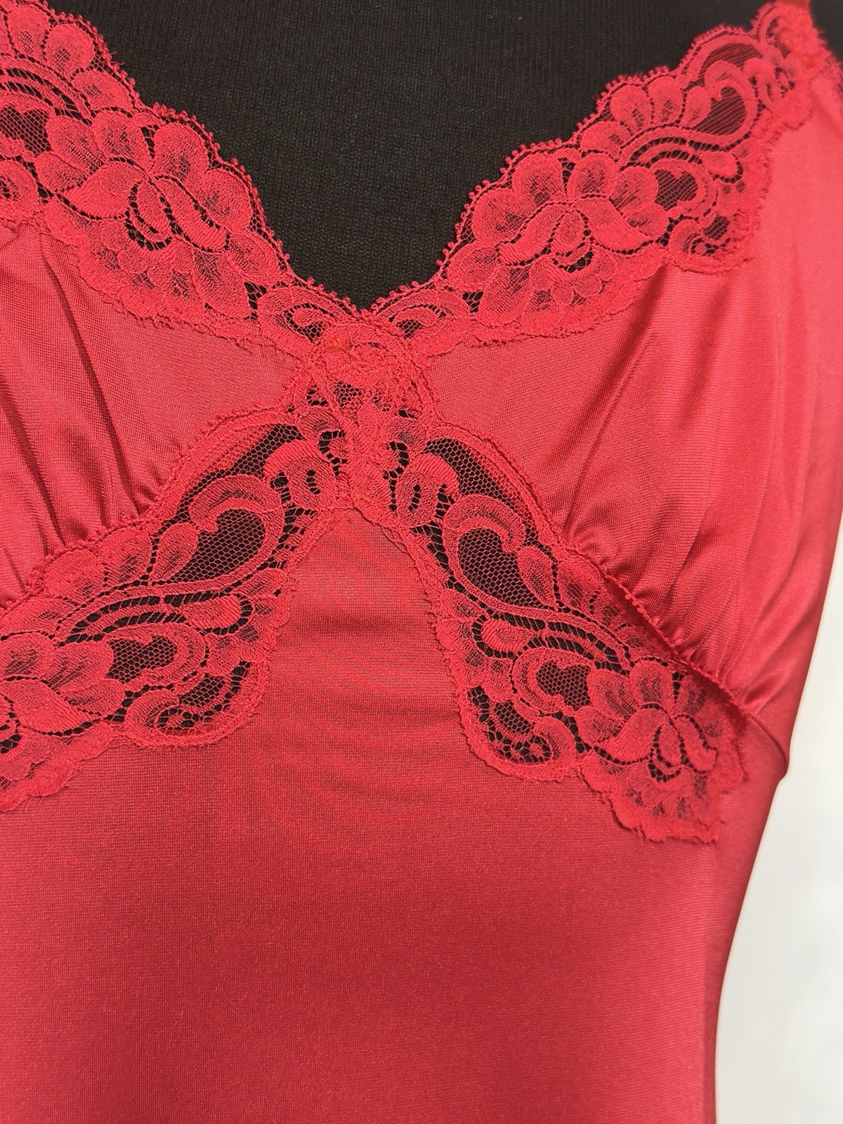 Vintage Shadowline Red Full Slip Size 38S USA Nylon Lace Adjustable Straps