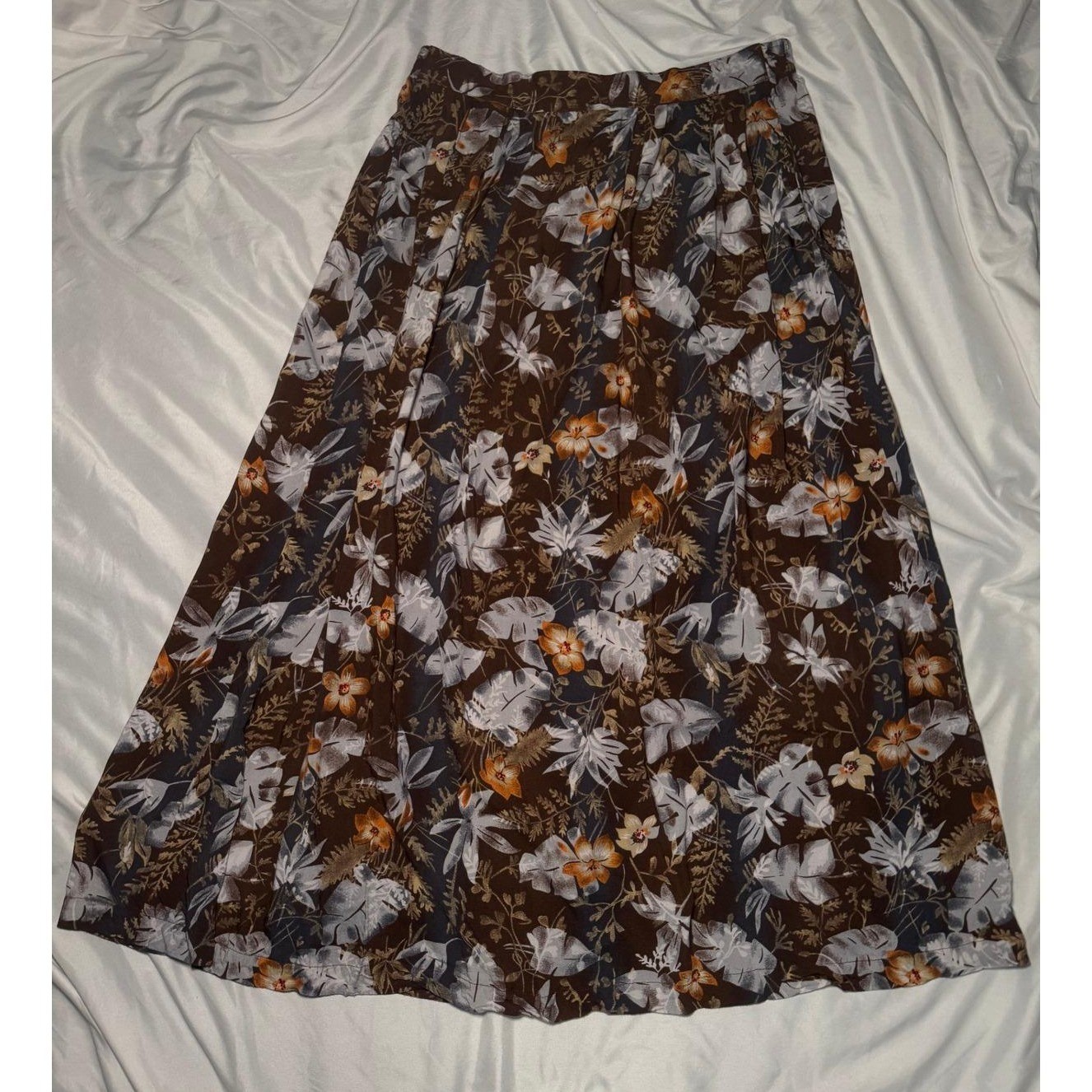Vintage Sag Harbor Floral Midi Skirt Womens Medium Brown Rayon Tropical Boho