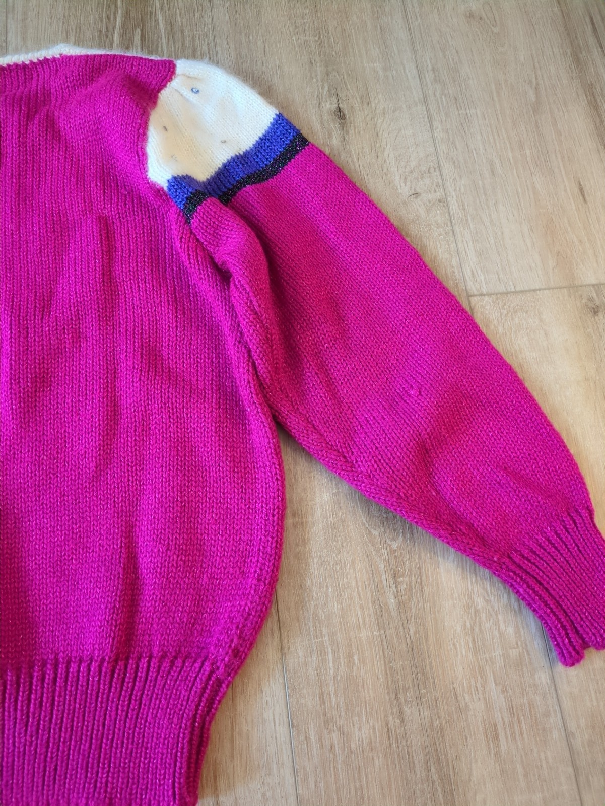 Vintage Bold Geometric Angora Wool Blend Top Fuschia Embellished 80s Mom Sweater