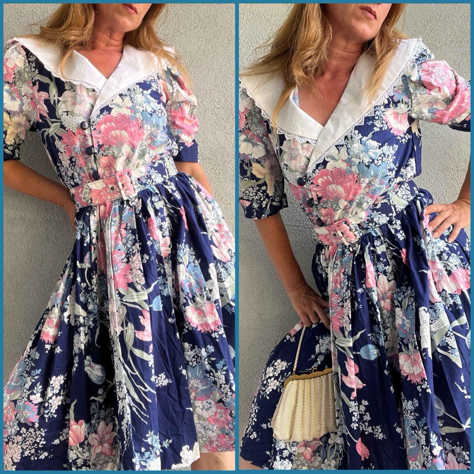 NOS Vintage 80s Sears Tina Barrie Blue Pink Floral Cotton Fit & Flare Dress Sz M