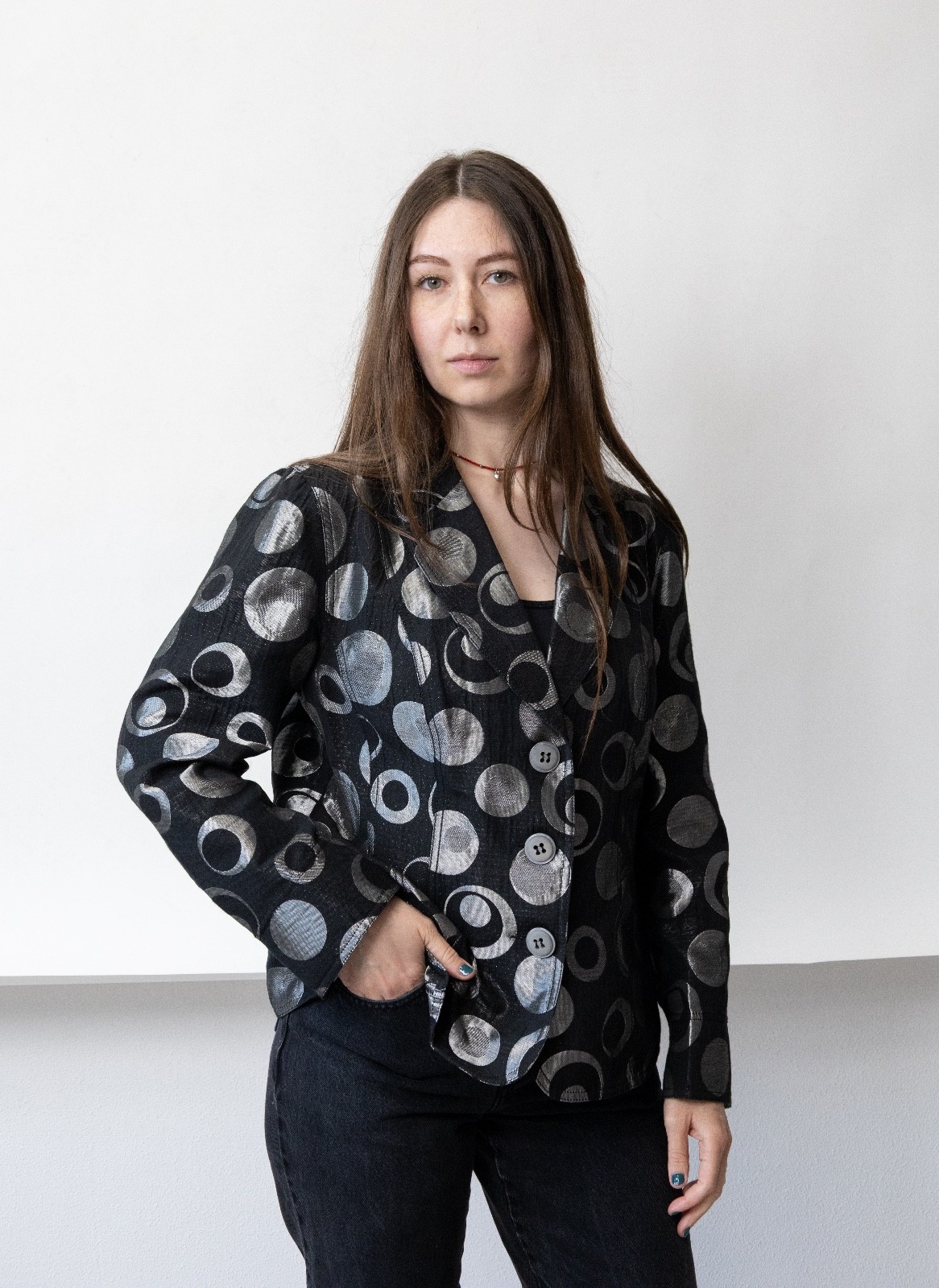 Vintage Black Silver Metallic Jacquard Blazer Women&rsquo;s M Abstract Circle Evening