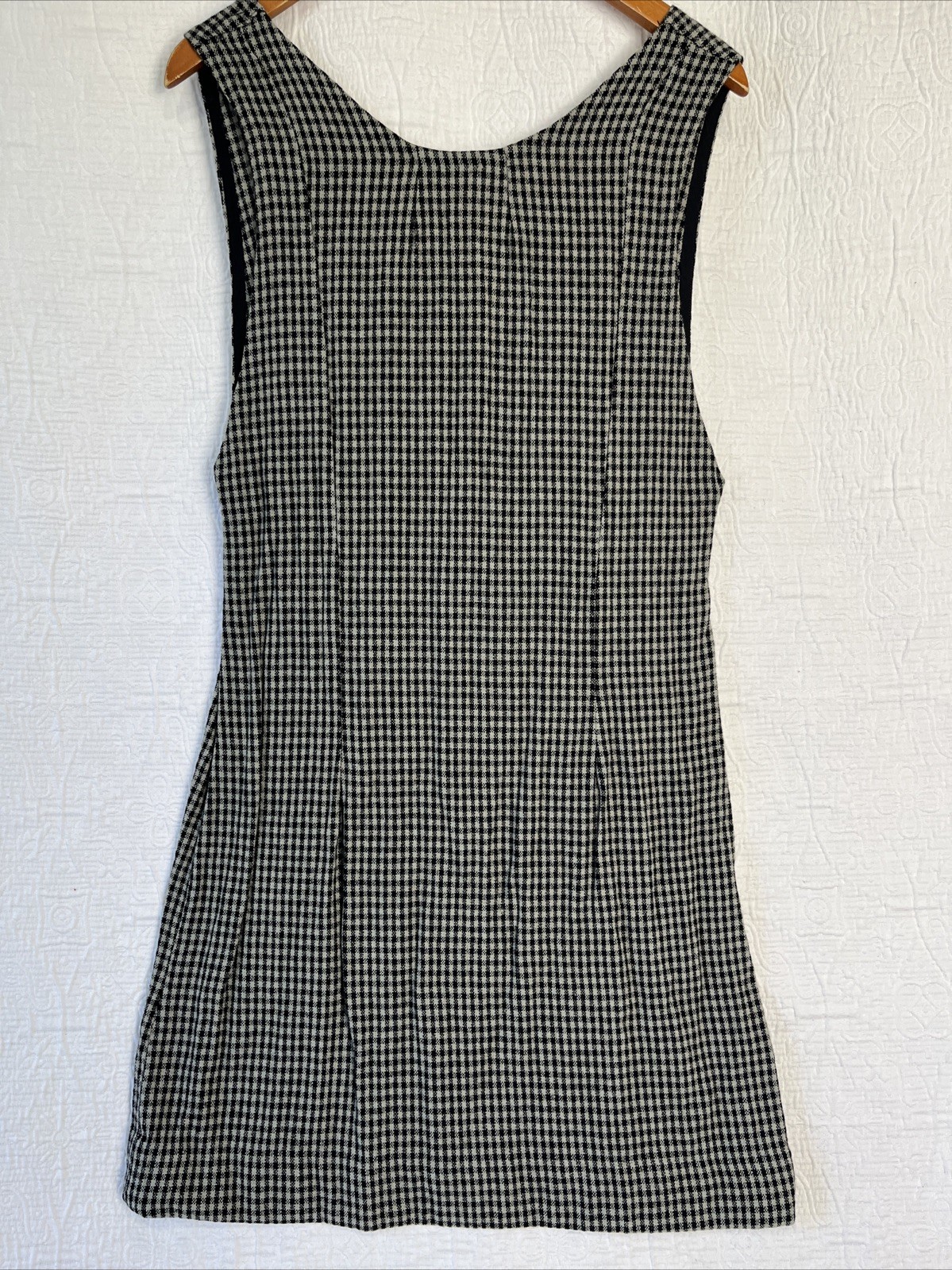 Vintage Wool Gingham Plaid Jumper Dress Pinafore Black Grey Homemade Pullover M