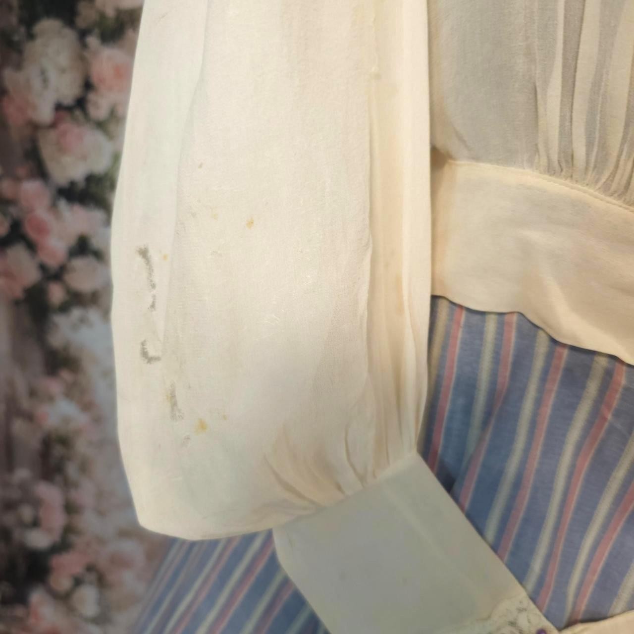 Antique Cream Lace Blouse w/ Puffy Sleeves Chiffon Prairie 1910s 1900s Top Shirt