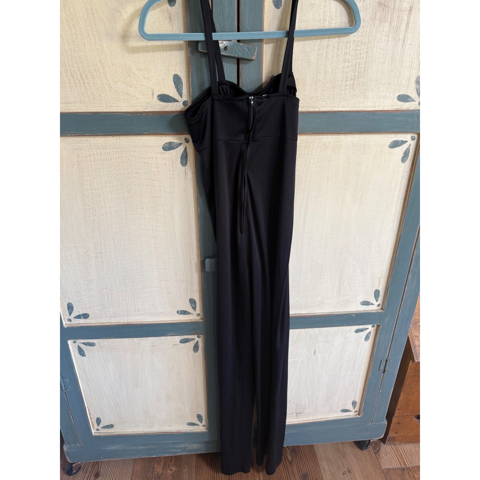 Vintage Black Spaghetti Strap Jumpsuit Wide Leg Sweetheart Neck 100% Disco 5