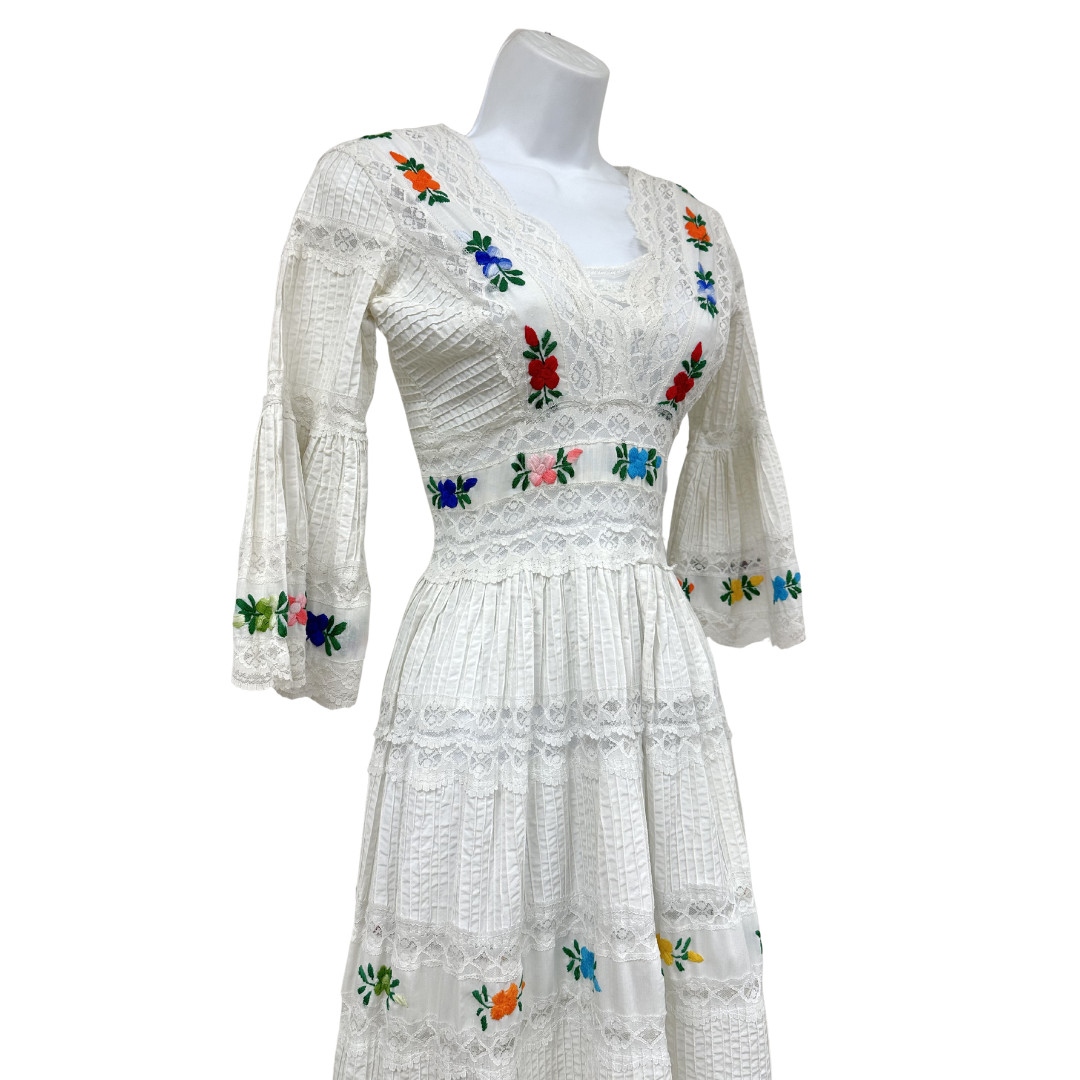 Vintage 1960s White Mexican Pintuck Floral Wedding Dress w Sheer Lace Detail