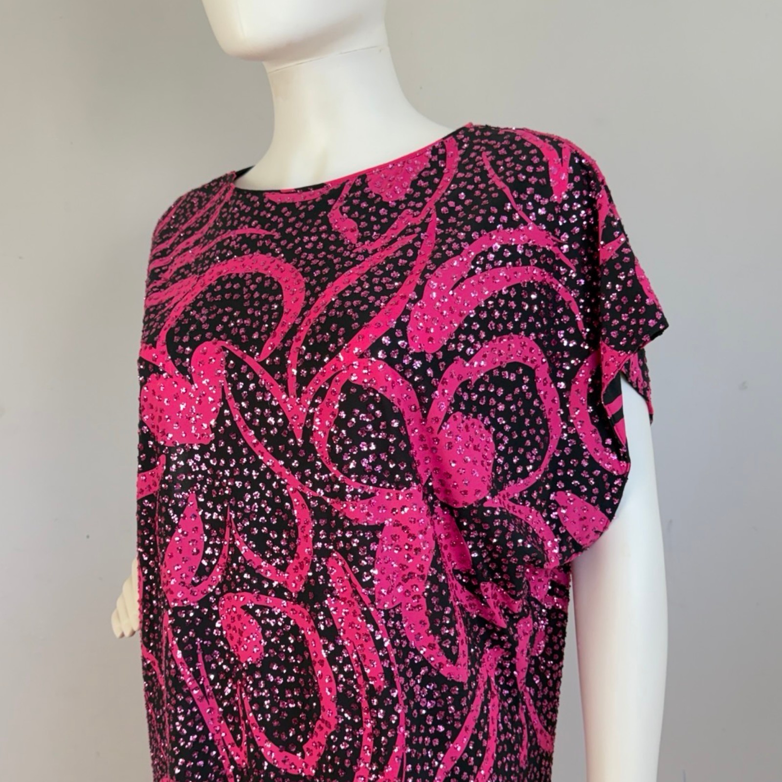 Vintage Glittery Dress, Hot Pink Black Nuin 1980s Gown (Made in United States),