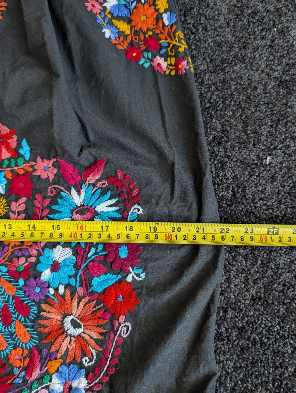 Vintage 70s Intricate Hand Embroidered Mexico Tourist Dress Peacock Sz M/L Black