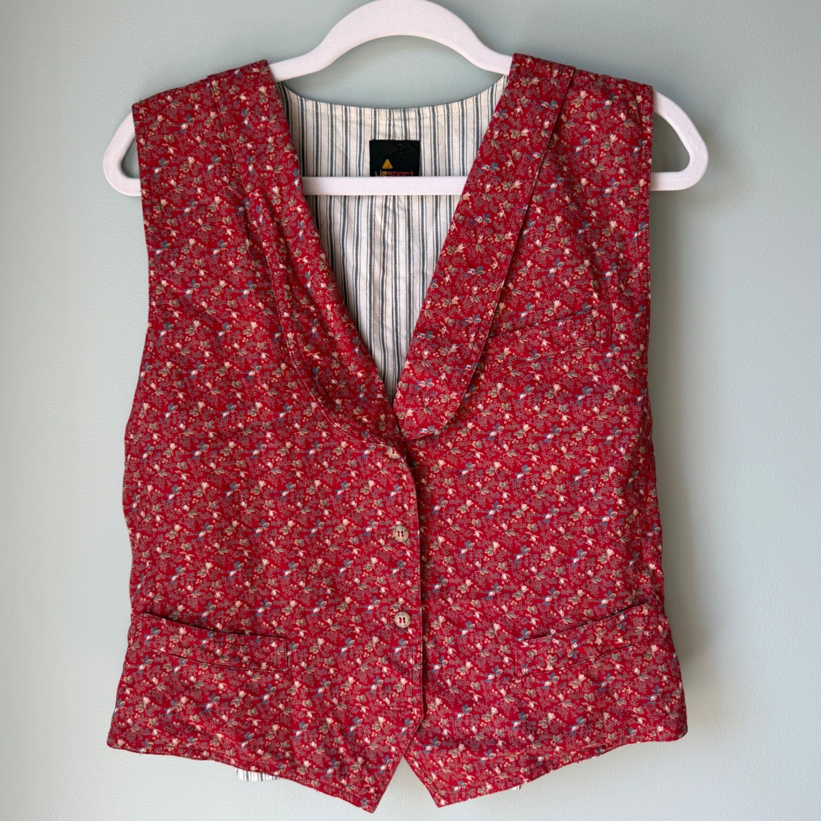 Vintage Liz Claiborne Sport Vest Maroon Ditsy Floral Print Adjustable Medium