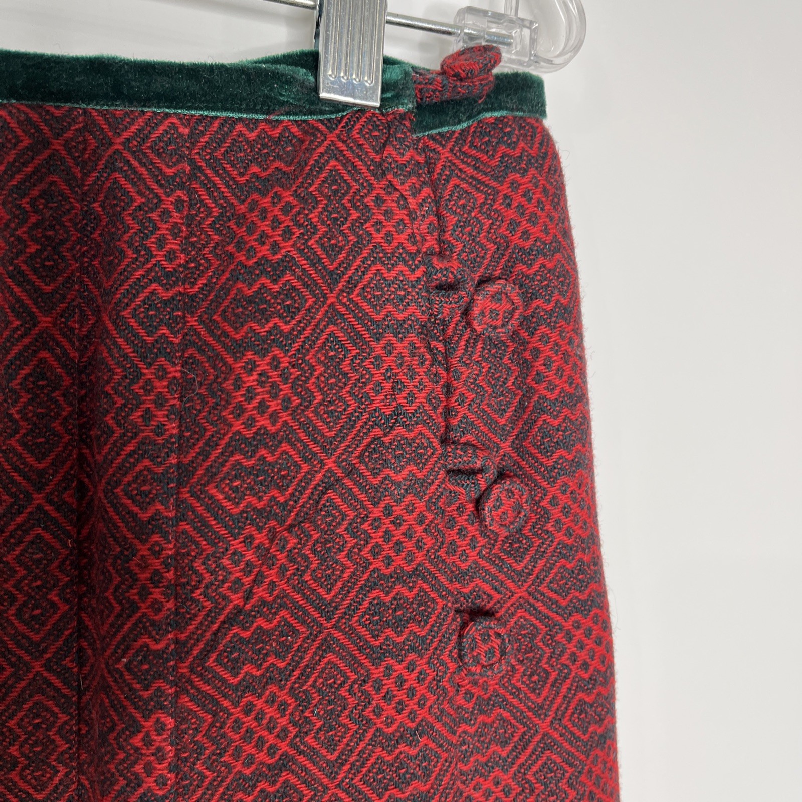 Vintage Cullinane Holiday Red Green Long Wool Pleated Skirt w/Velvet Trim Sz. 12