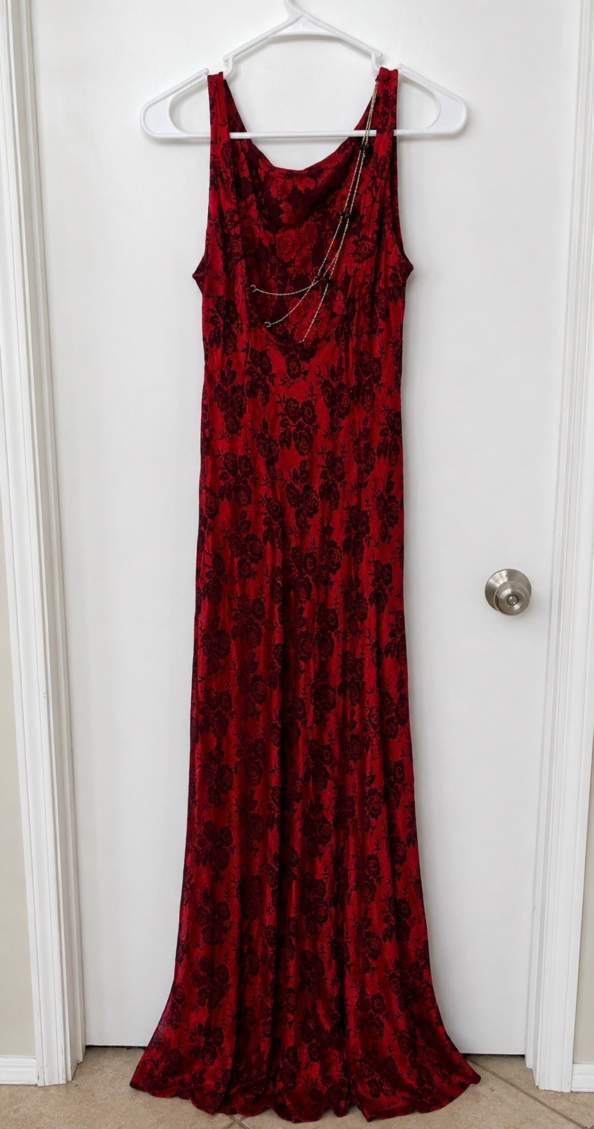Vintage CDC Ruby Red Floral Jacquard Evening Column Gown Unique Chain Back