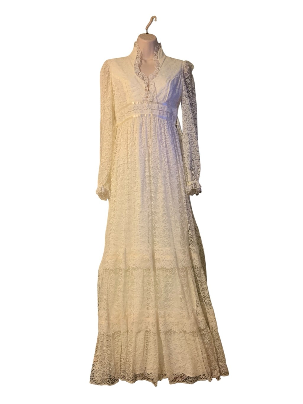 Vntg 70’s Unbranded Ivory Lace Prairie wedding Maxi Dress Juniors 5