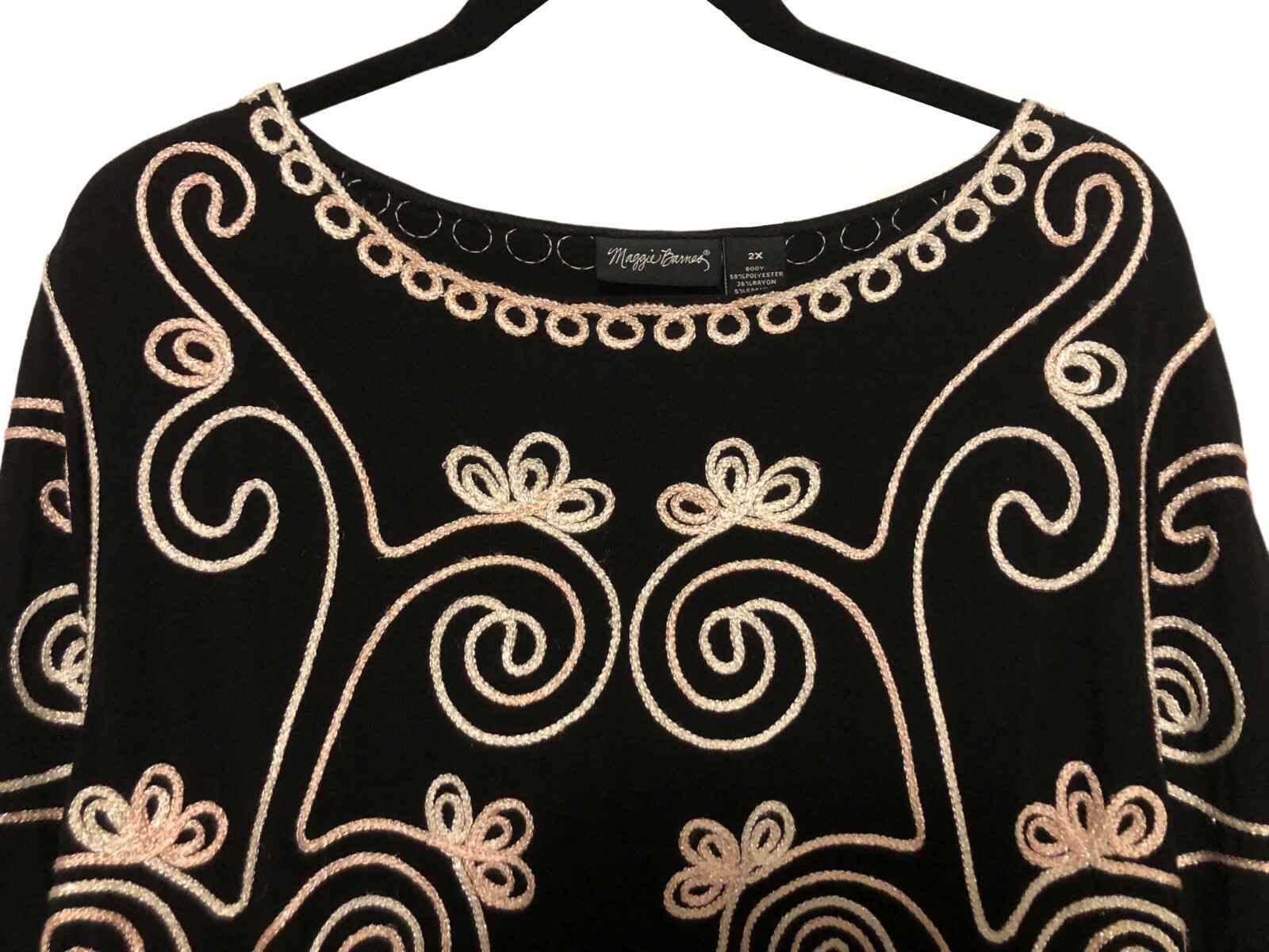 vtg MAGGIE BARNES Soutache Tunic Top 2X Black Stretch Knit Party/Cocktail