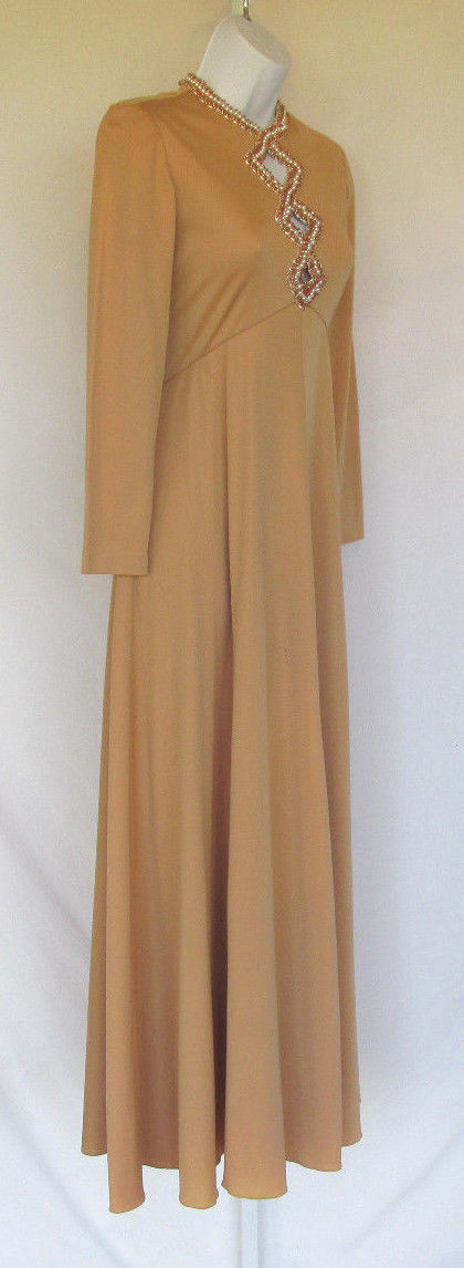 VINTAGE DRESS 1950s 60s MOD VICTORIA ROYAL BEADS KEY HOLE BRONZE SIZE 10 PEARLS