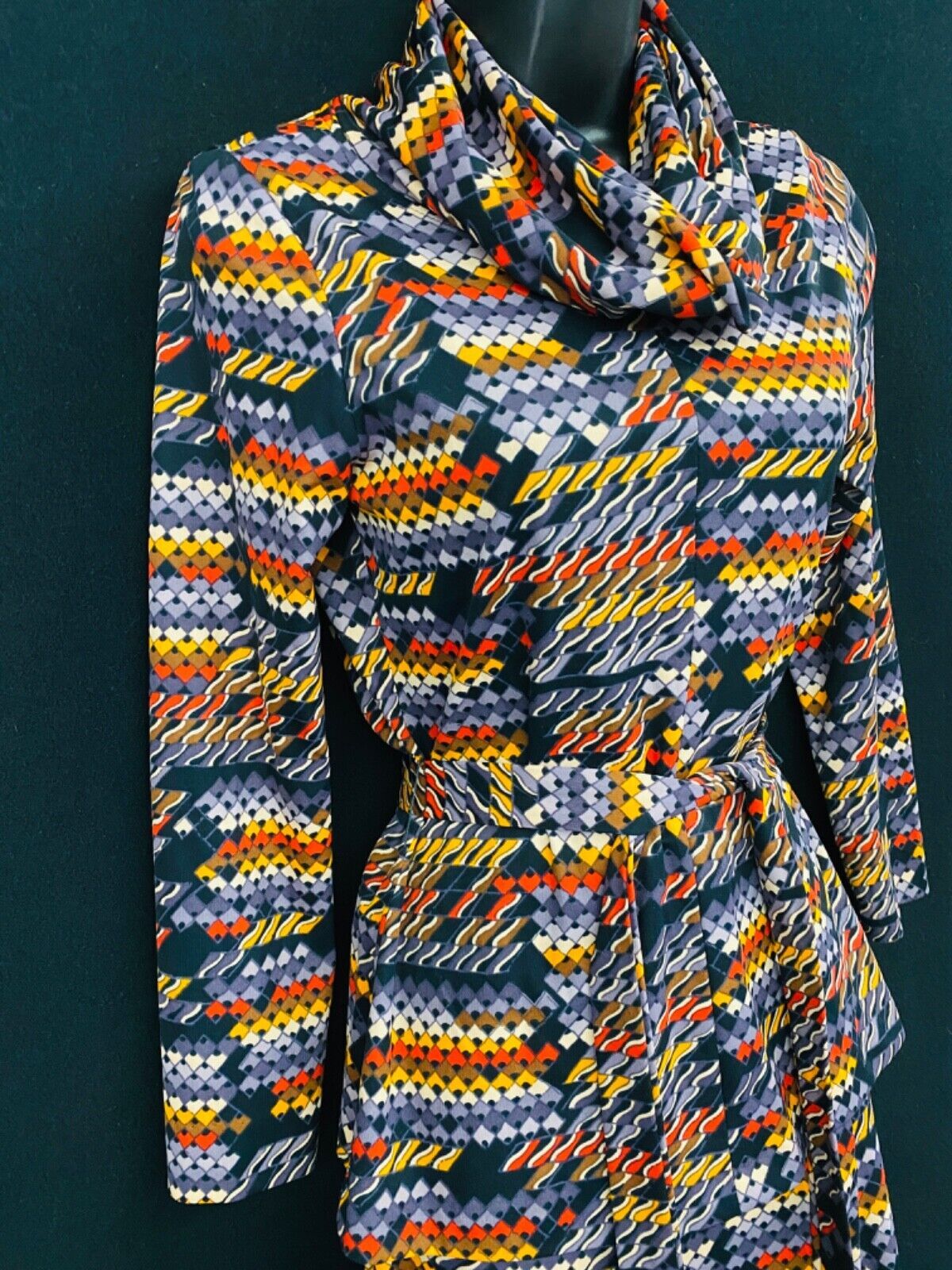Vintage 1970s colorful cowl-neck dress set, skirt top blouse long sleeve fall S