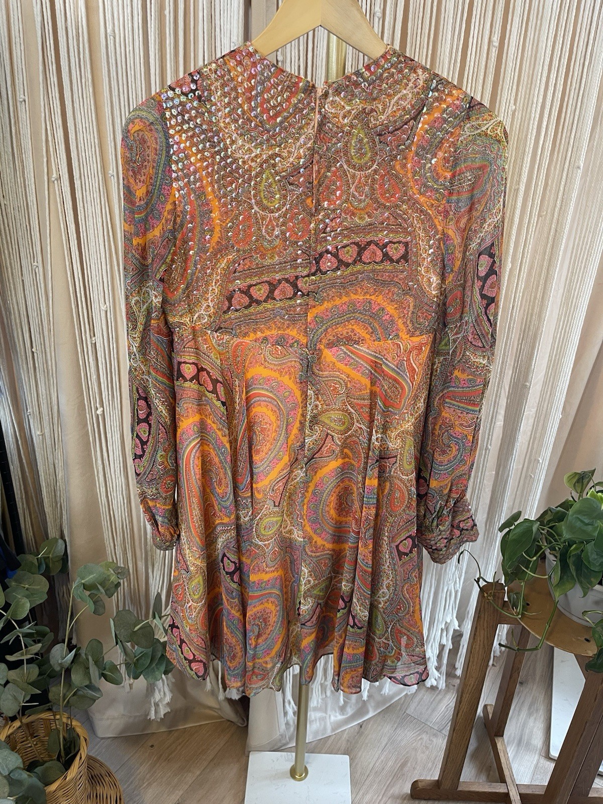 Vintage 60s/70s Lisa Meril Paisley Mini Dress sequin detail bright colors Disco