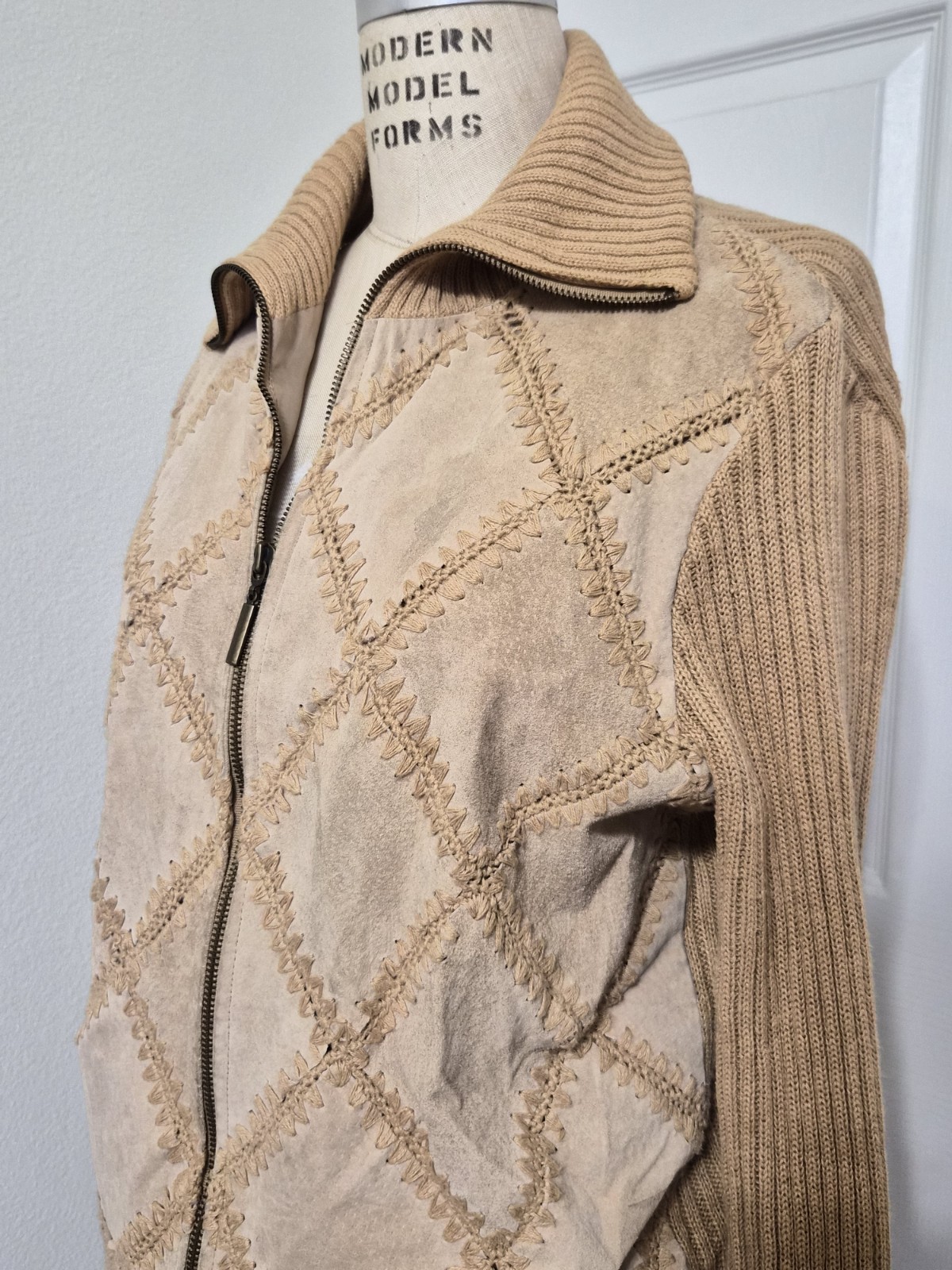 Vtg Patchwork Suede Crochet Knit Beige Neutral Light S/M Jacket Rem Garson Boho