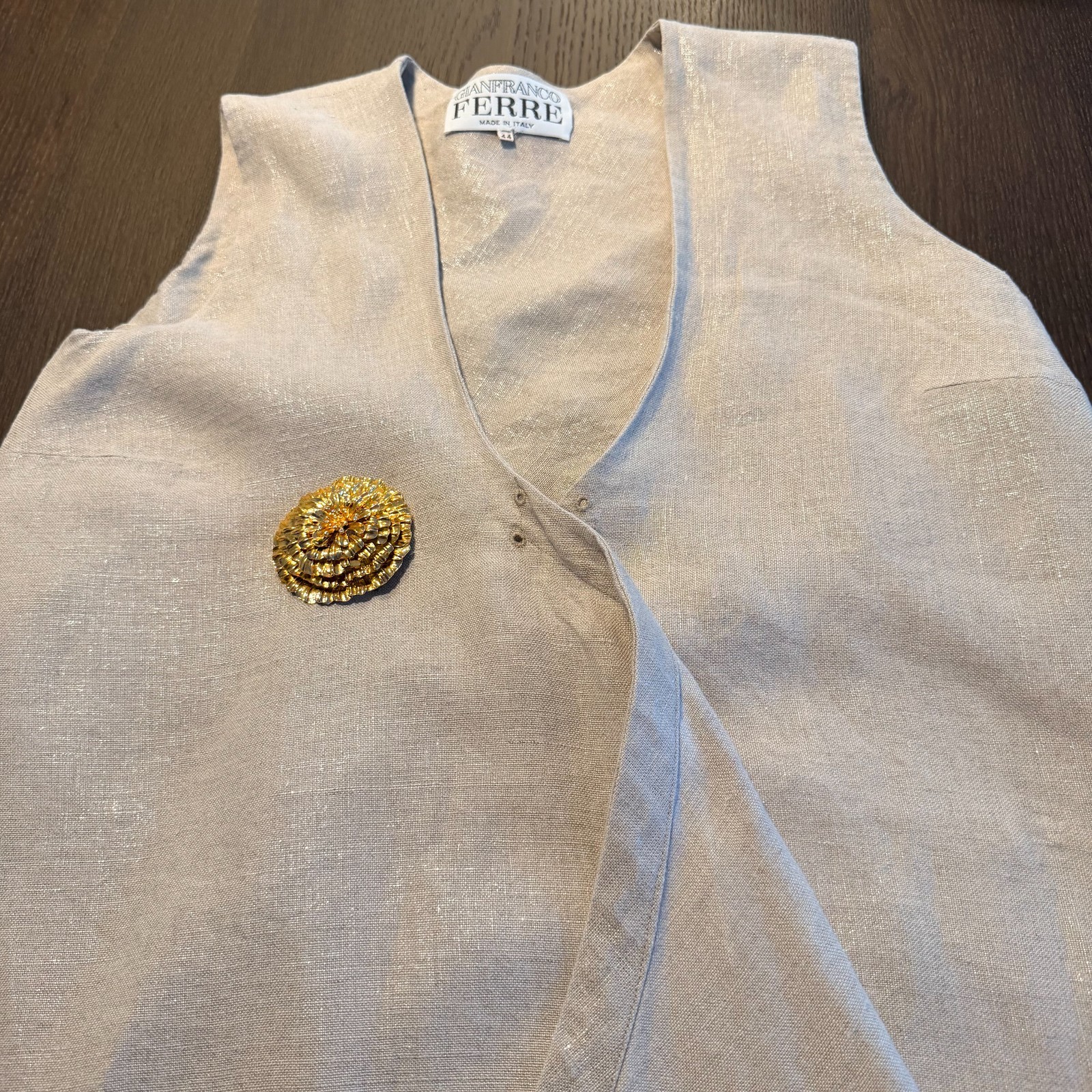 GIANFRANCO FERRE beige asymmetrical flared sleeveless linen dress size 44