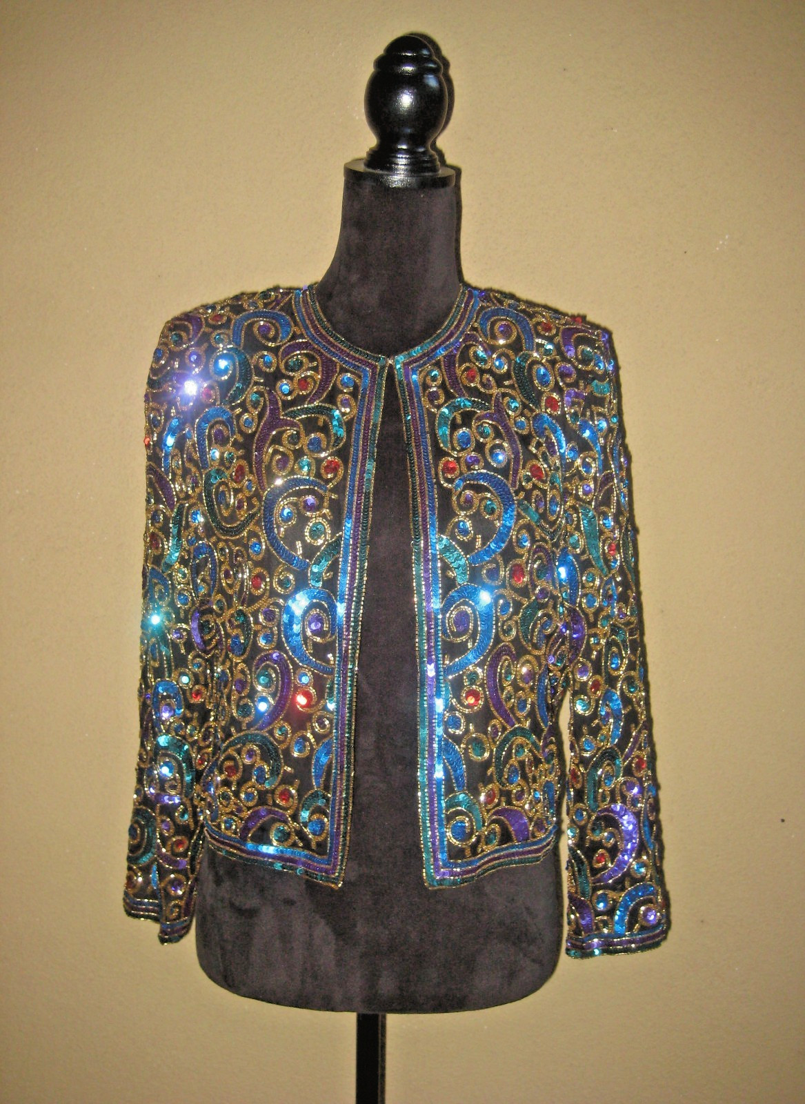 Vintage Scala black silk sequins beads multicolor cropped evening jacket S