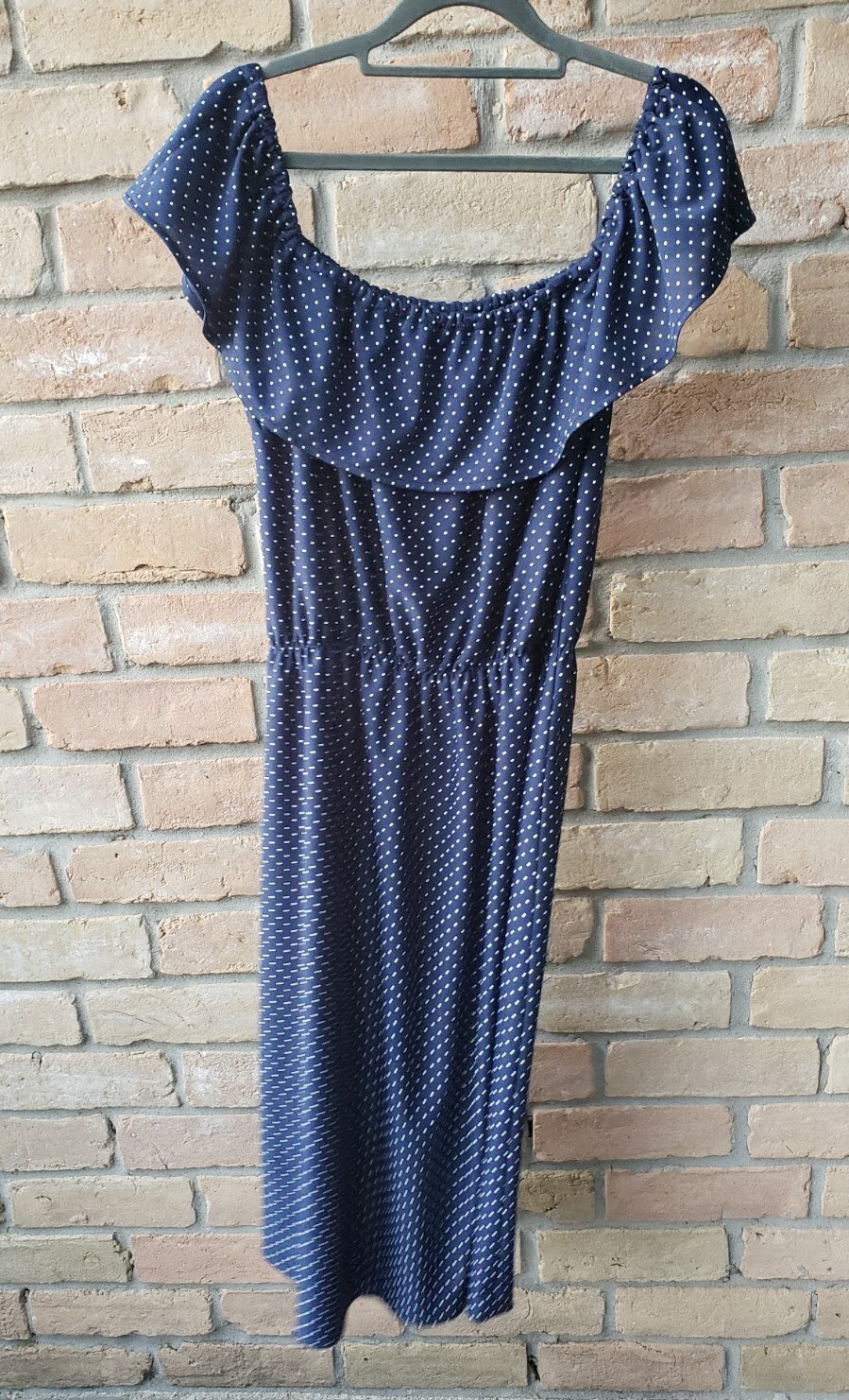 VTG 70s Blue Polka Dot Off Shoulder Ruffle Sundress Sz M? 40&Prime;-46&Prime;B 24&Prime;-44&Prime;W