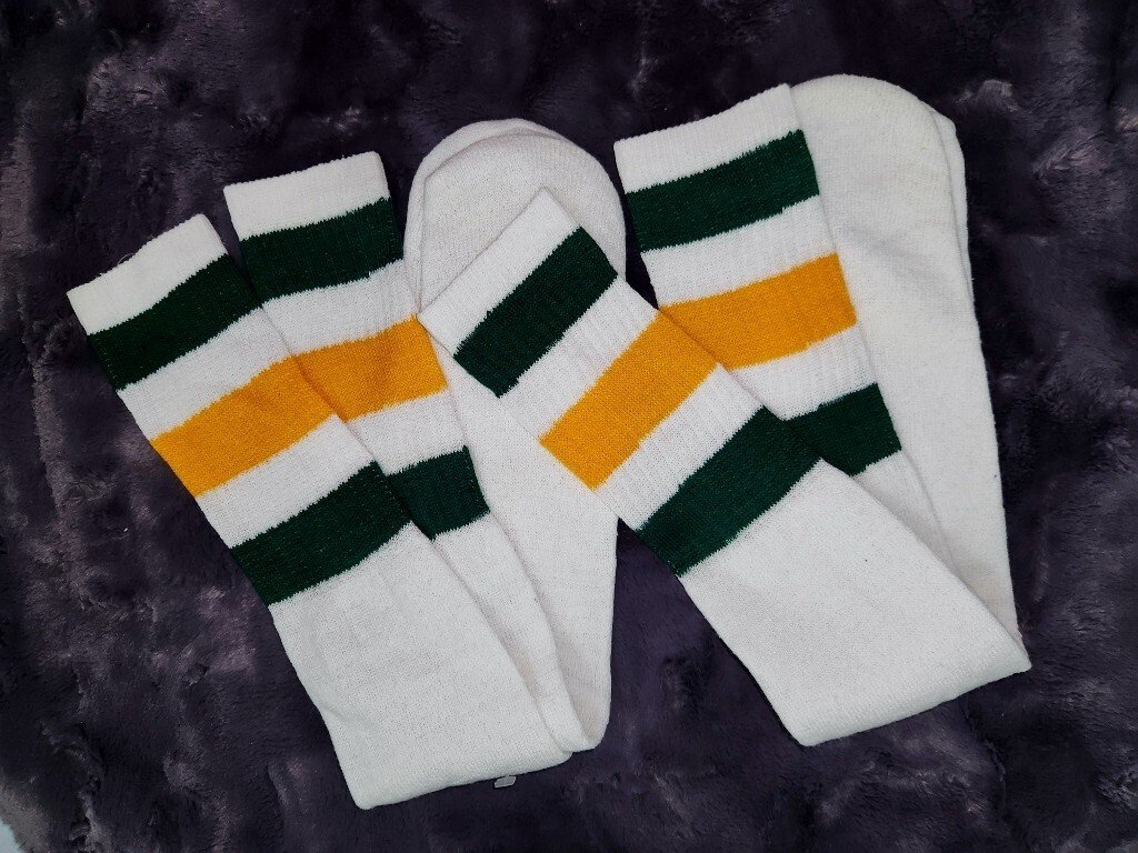 VTG 80&rsquo;s 2 Thick Stripe Tube Socks 23&Prime; long Standard Size Green Yellow White NOS