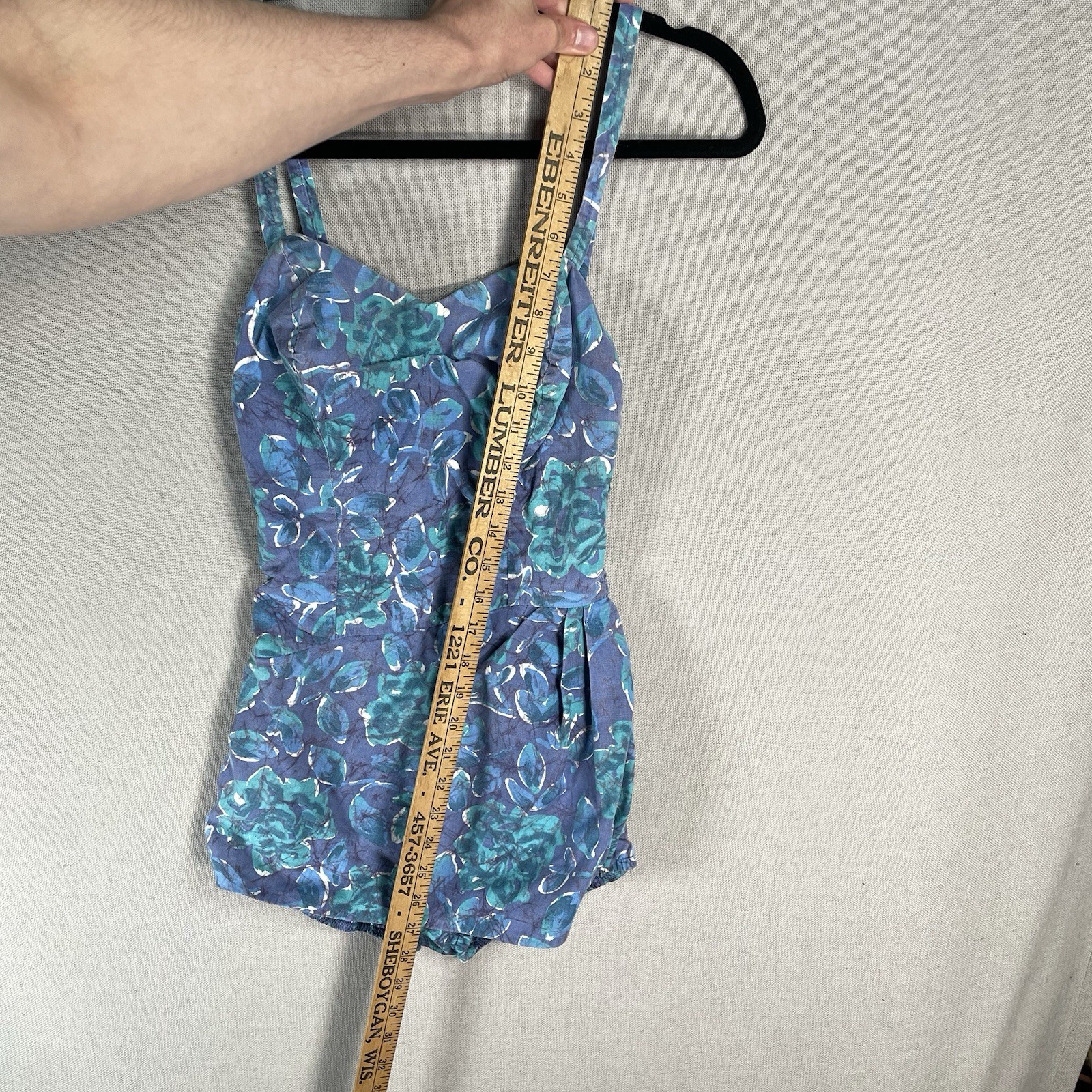 VINTAGE 50s Cotton One Piece Bathing Swimsuit Womens XS Blue Floral Pinup