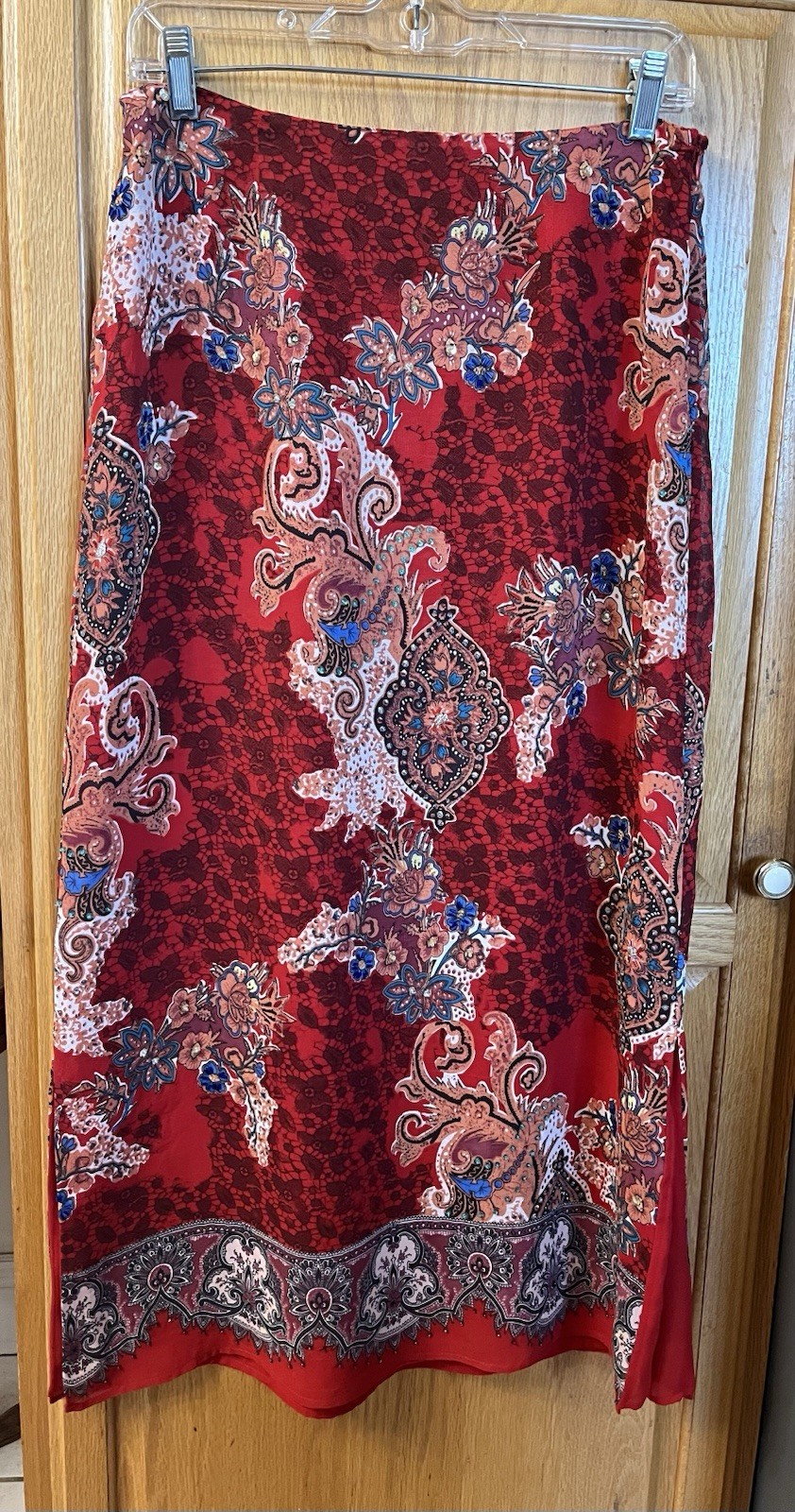 Vintage Carole Anderson Beaded Red Paisley Silk Long Skirt Size Medium, Preowned