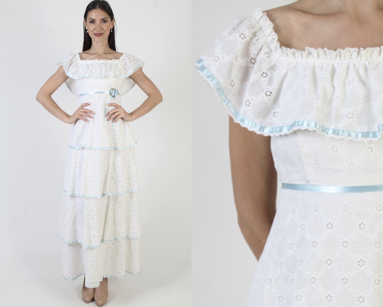 Vintage Nadine White Wedding Dress Eyelet Tiered Long Boho Prairie Bridal Gown
