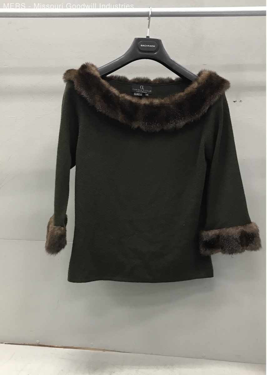 Vintage 90s Carole Little Women&rsquo;s Olive Green Faux Fur Trim Knit Sweater Sz M