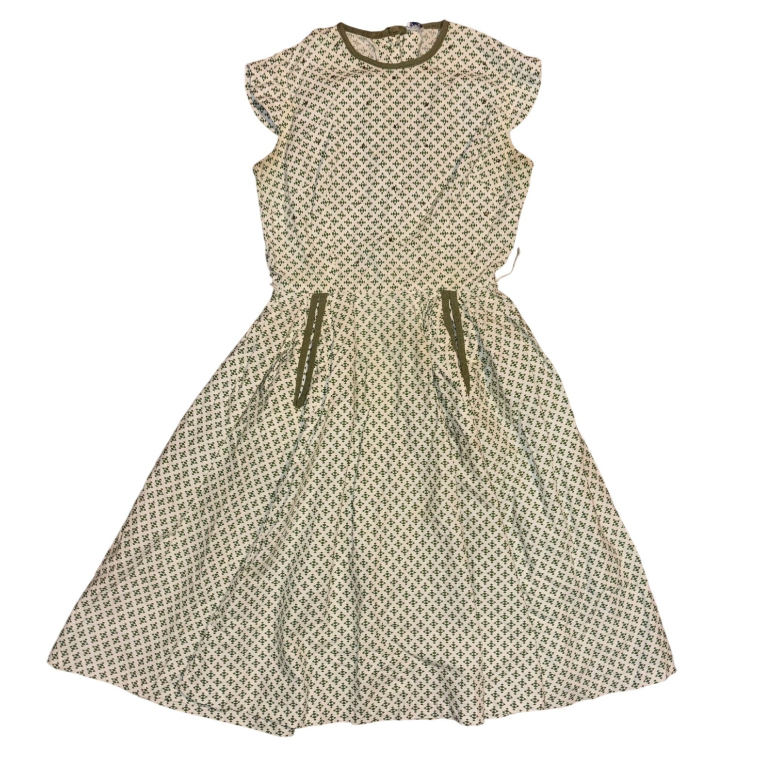Vintage Green Geometric Rhinestone Fit Flare Dress Cap Sleeve Button Back 1950s