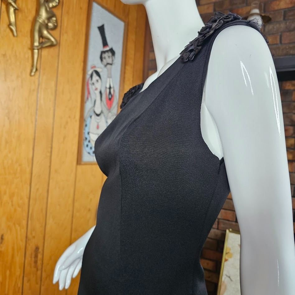 Vintage 60s Black Scalloped Ruffle Sheath Wiggle Pencil Cocktail Party Dress S/M