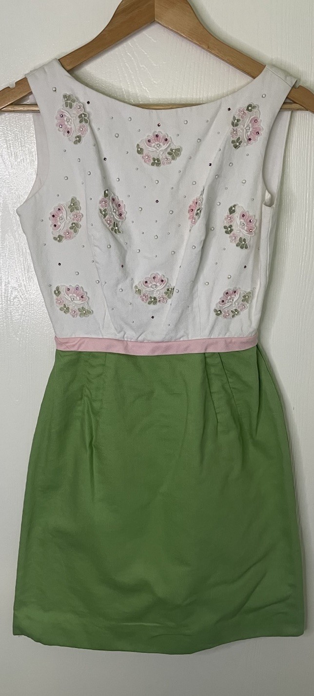 Vintage 1950s Handmade Cotton Piqué Floral Embroidered Pearl Beaded Garden Dress