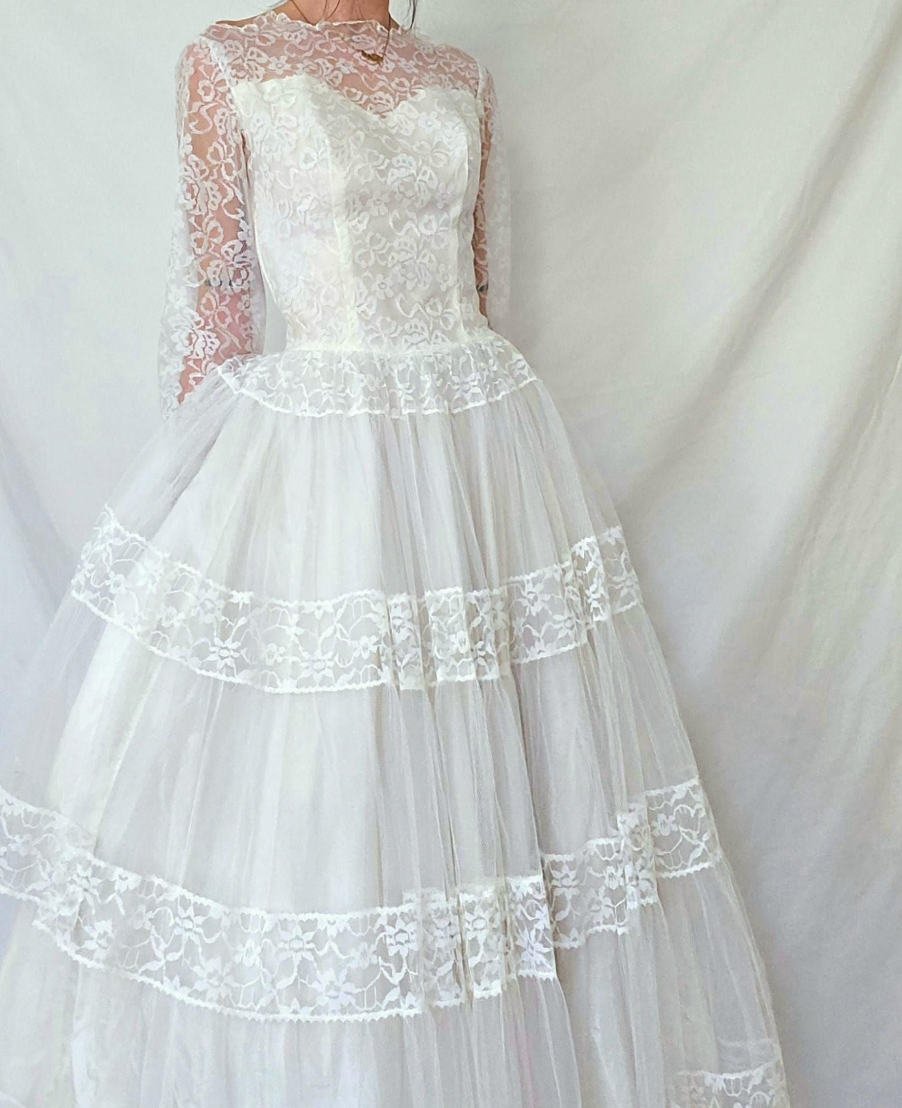 1950s Tea Length Wedding Dress: Vintage Tulle and Lace Bridal Gown, S