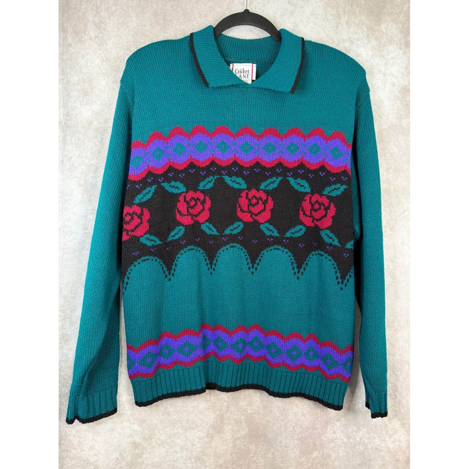 VTG 80s Cricket Lane Sweater Women Large Teal Green Floral Rose Polo Collar USA