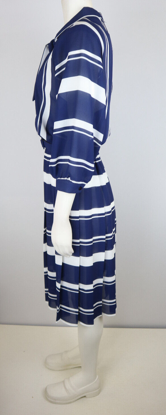 VINTAGE WOMEN&rsquo;S SHEER BLUE STRIPED BELTED DRESS – LADY CAROL – SIZE 10P