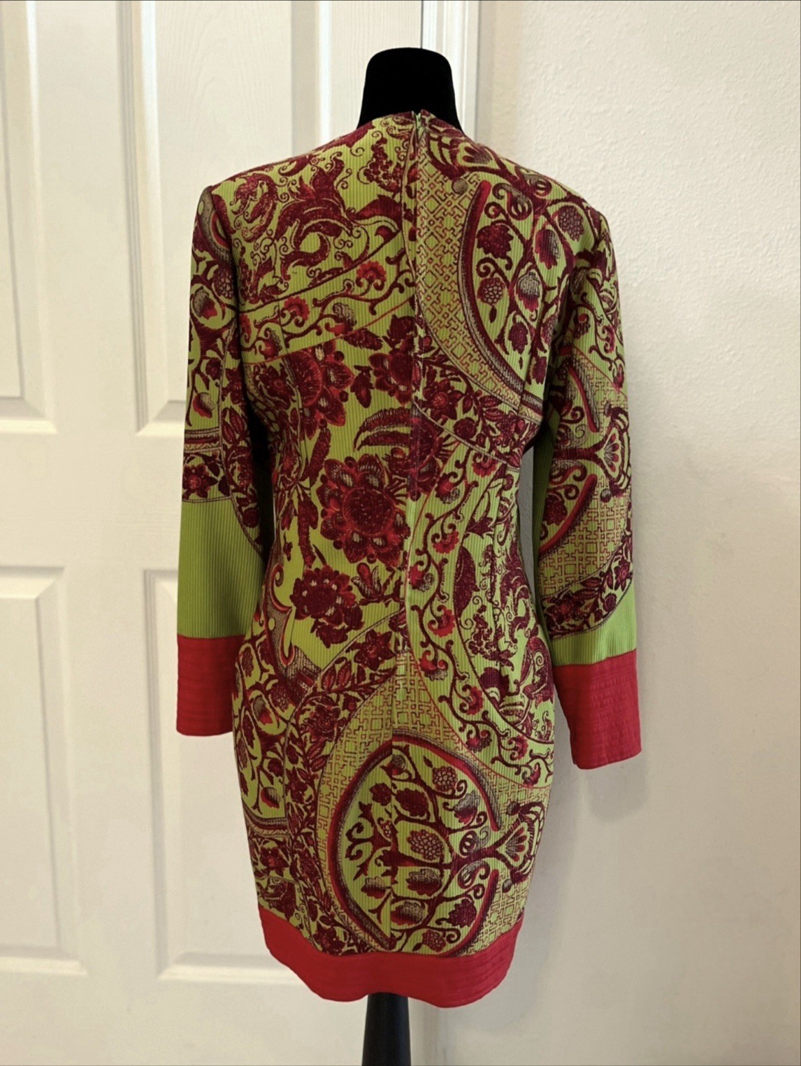 Vintage VERSACE Green & Red Floral Long Sleeve Dress, Made In Italy, Signed