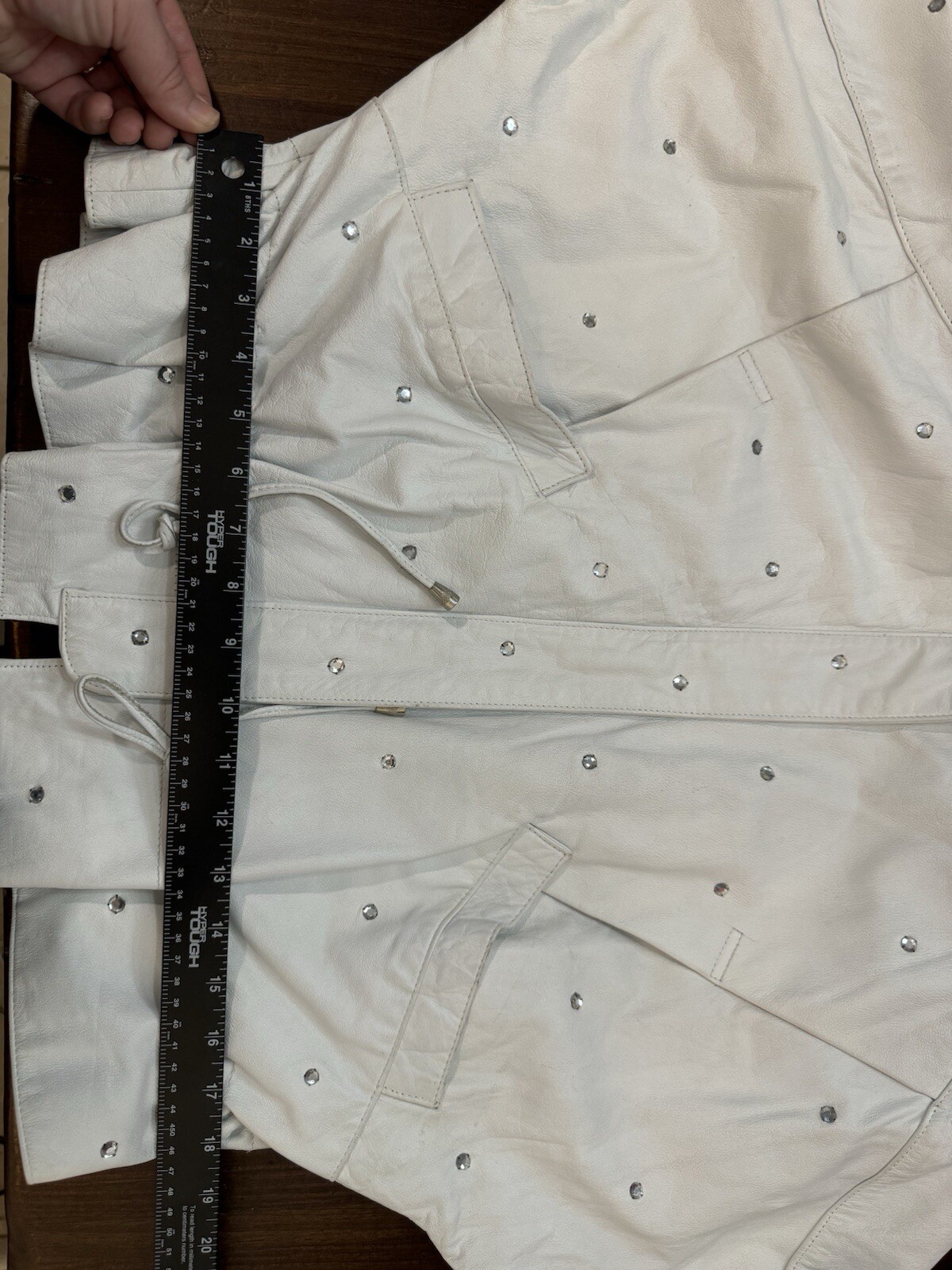 Vintage 1990s COPPER KEY White Leather Jacket Womens Large Rhinestone Coat Moto