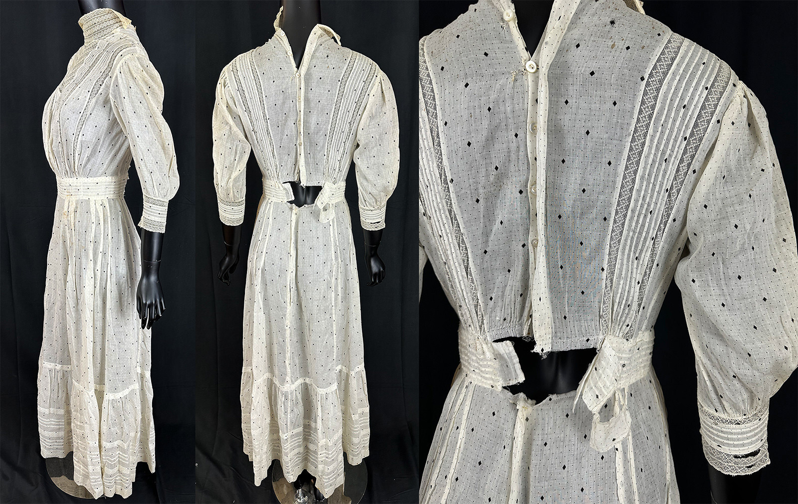 Victorian White Cotton Black Diamond Polka Dot Print Calico Lace Collar Dress