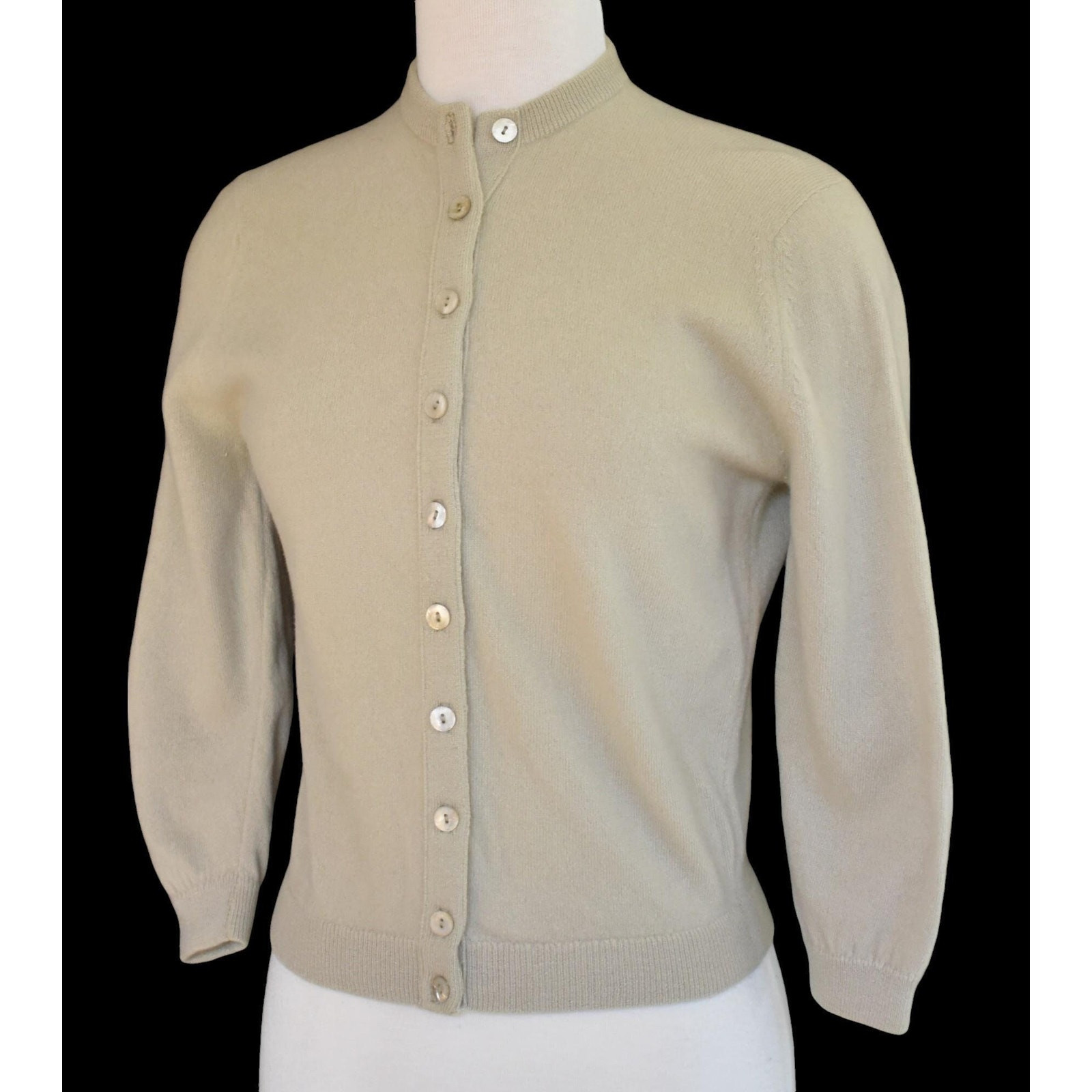 Vintage 50s Sand Taupe Cashmere Cardigan Sweater by Dalton, Size XS, Extra Small