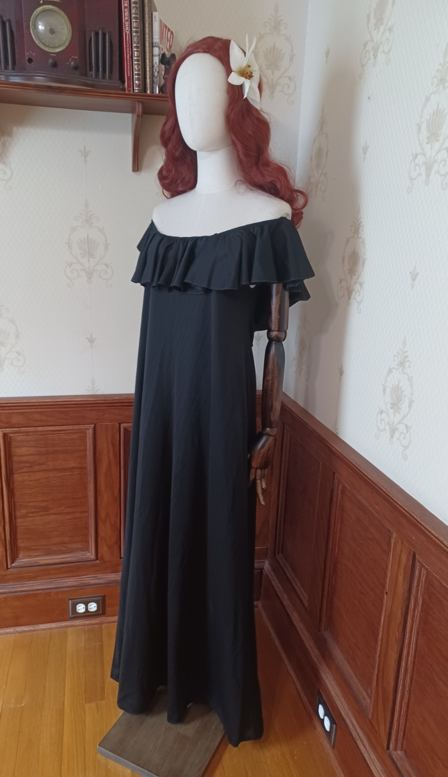 Vintage 1970s Black Off-the-Shoulder Ankle Length Whimsigoth Witchy Maxi Dress