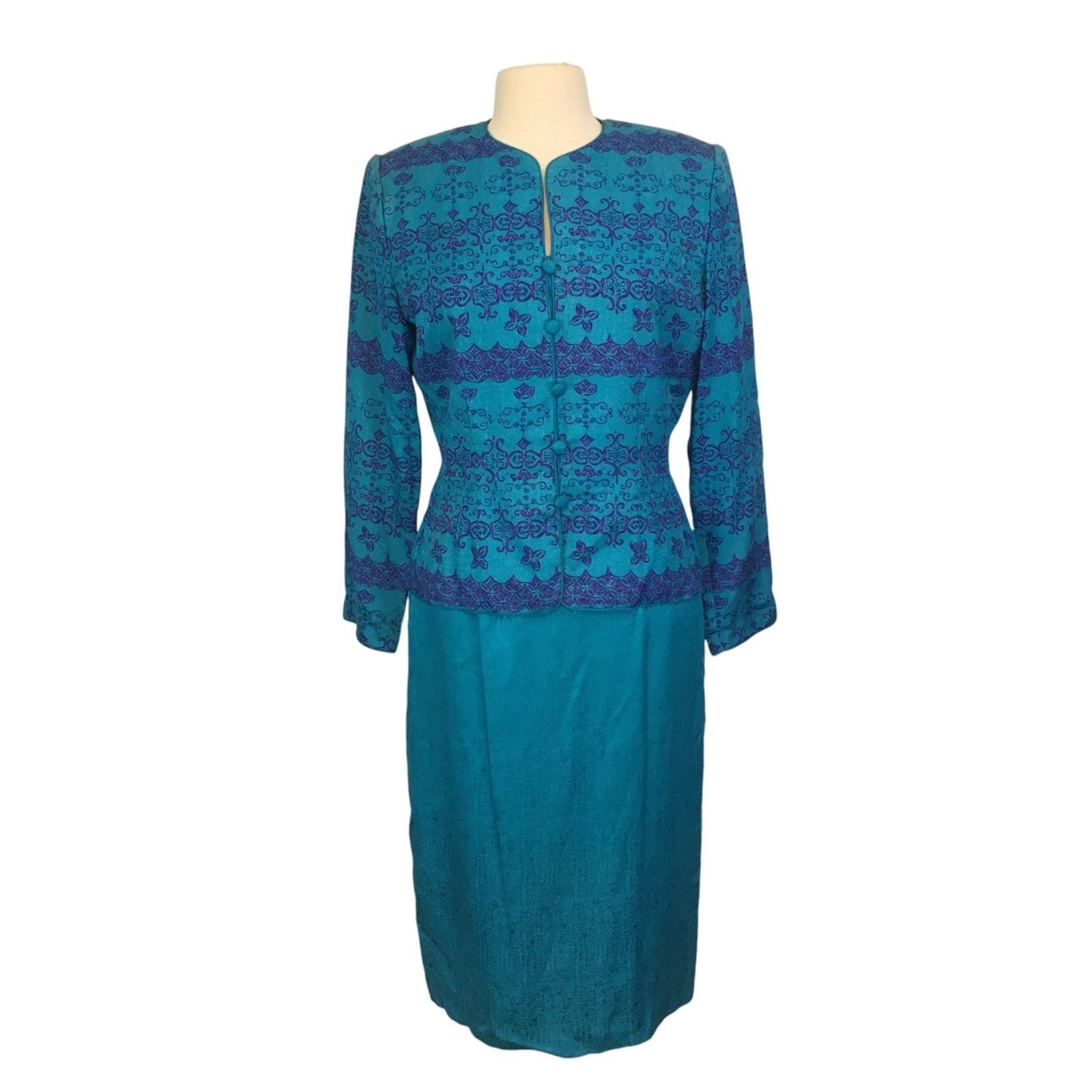 Adrianna Papell Vintage 100% Silk Teal Blue Skirt Set 10, 38 bust, 28-30 waist