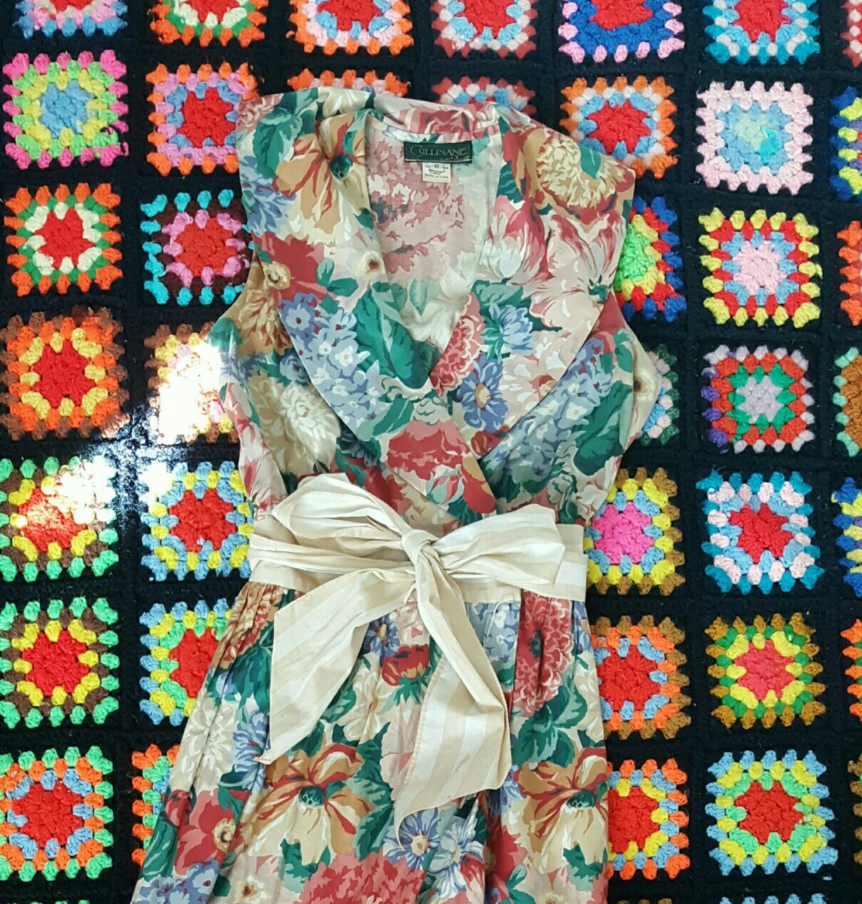 RARE Vintage 80s Cullinane Oversized Collar Cotton Wrap Dress Cottagecore Size 6